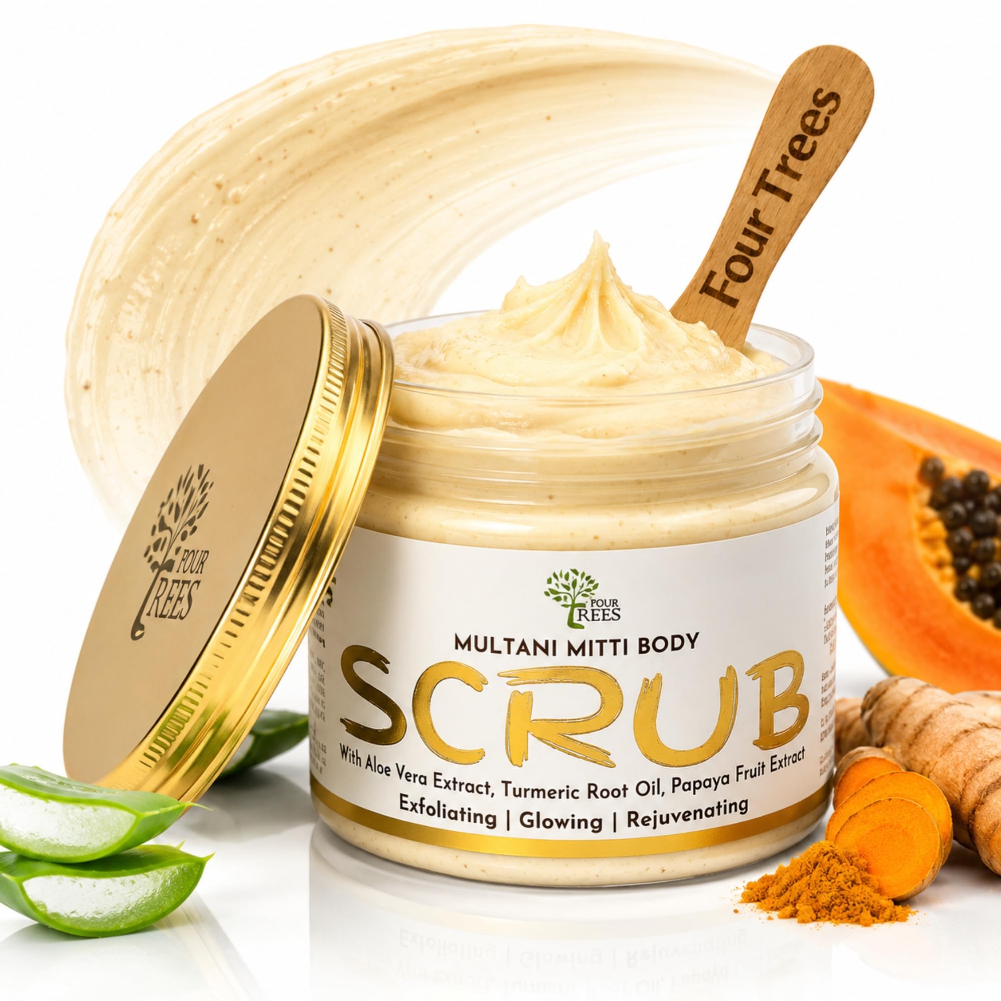 Four Trees Body Scrub for Tan Removal (Multani Mitti) | Body Polish Scrub | Exfoliates with Aloe Vera, Turmeric Root Oil, Papaya Fruit Extract | For Men & Women | 200gm