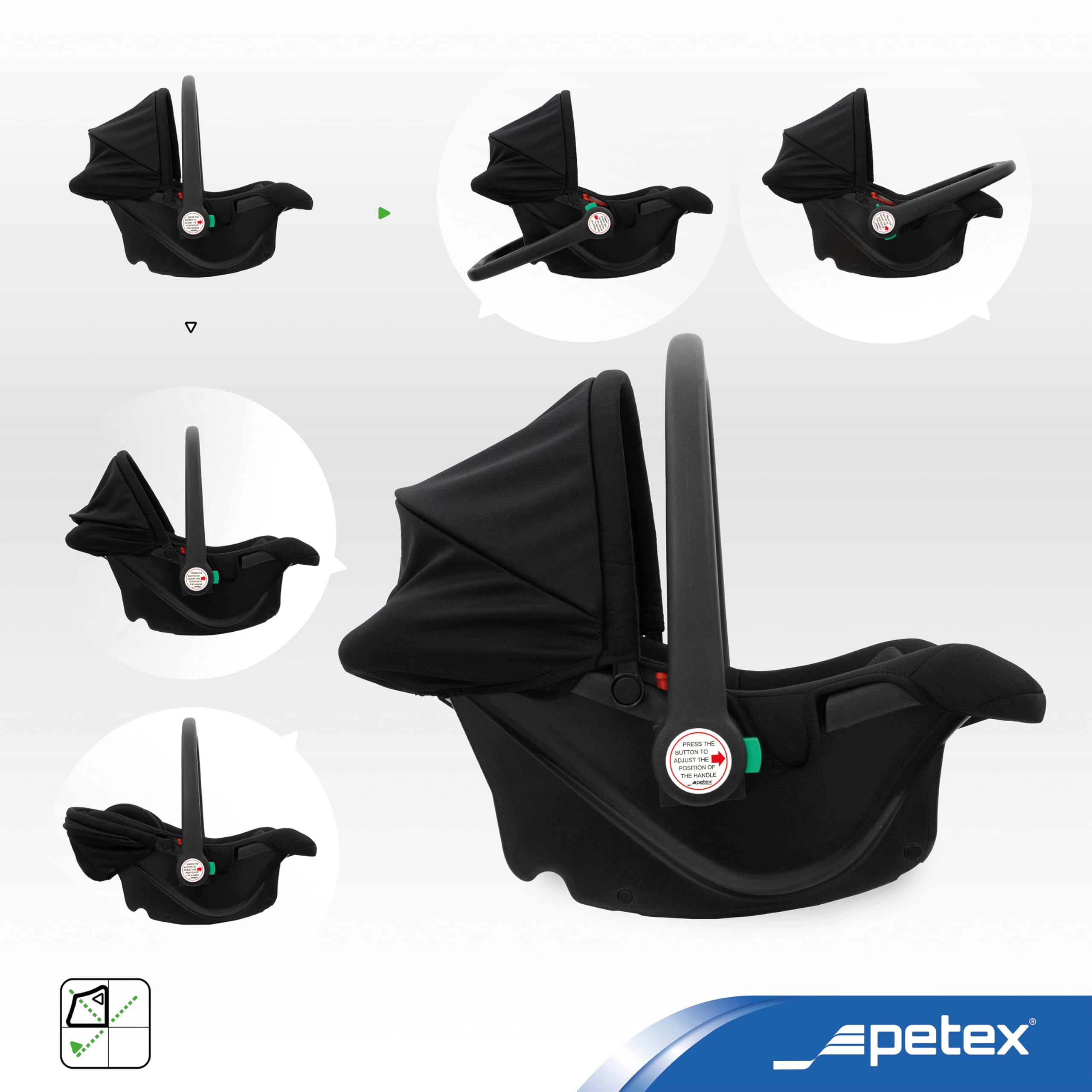 PETEX Fotelik samochodowy dla niemowląt – Bambini i-Size norma ECE R129 dla dzieci o wzroście ok. 40-87 cm, funkcja huśtawki, fotelik samochodowy w kolorze czarnym, 1 sztuka