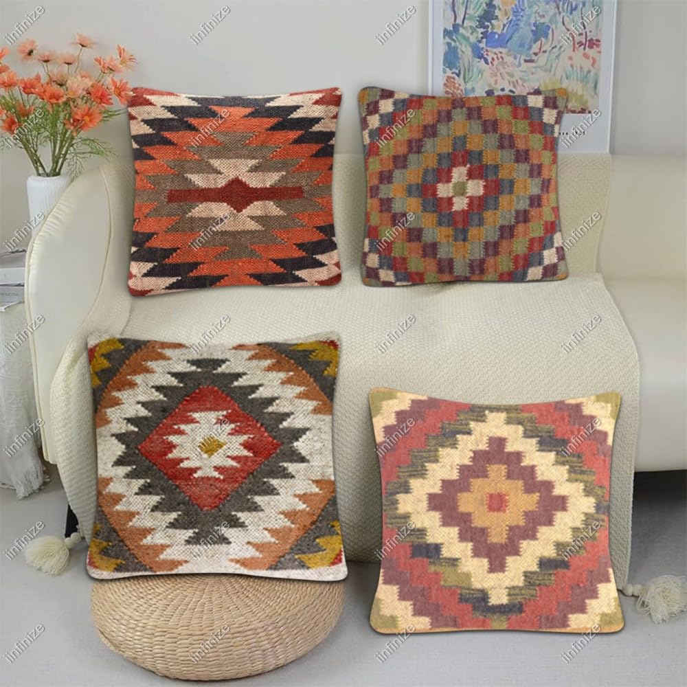 Housses de coussin en jute et laine - Lot de 4 déco rustique 45,7x45,7 cm avec zip