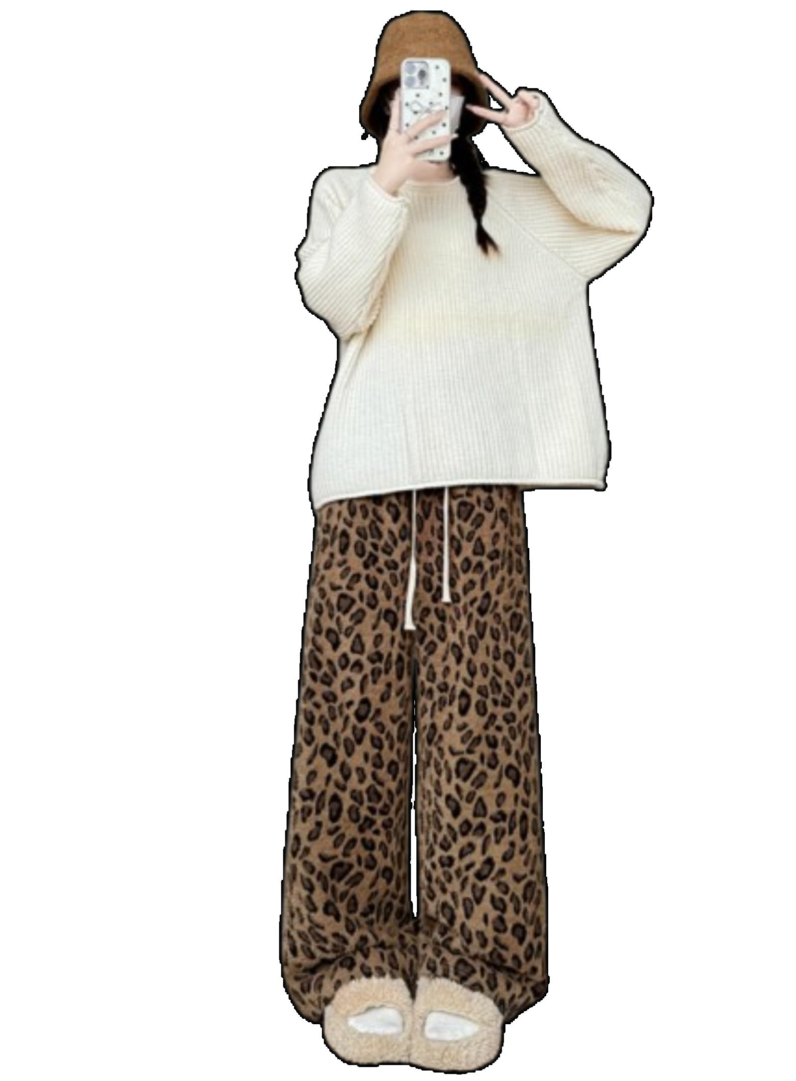 Leopard Print Pants High Waisted Sweatpants Cozy Straight-Leg Pants Womens Elastic Waist Comfy Winter Outfits