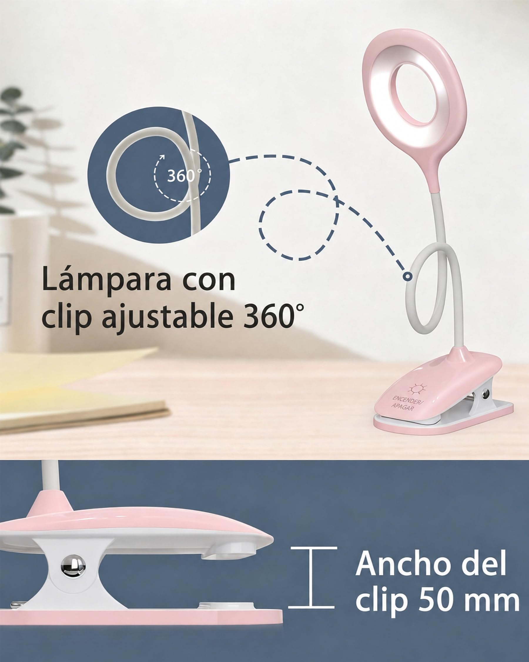 Lámpara LED de Escritorio con Pinza para Niños, Luz de Lectura Recargable USB, 3 Modos de Luz, Cuello Flexible 360°, Batería 2200mAh, para Estudiar, Leer en Cama y Trabajar, Rosa