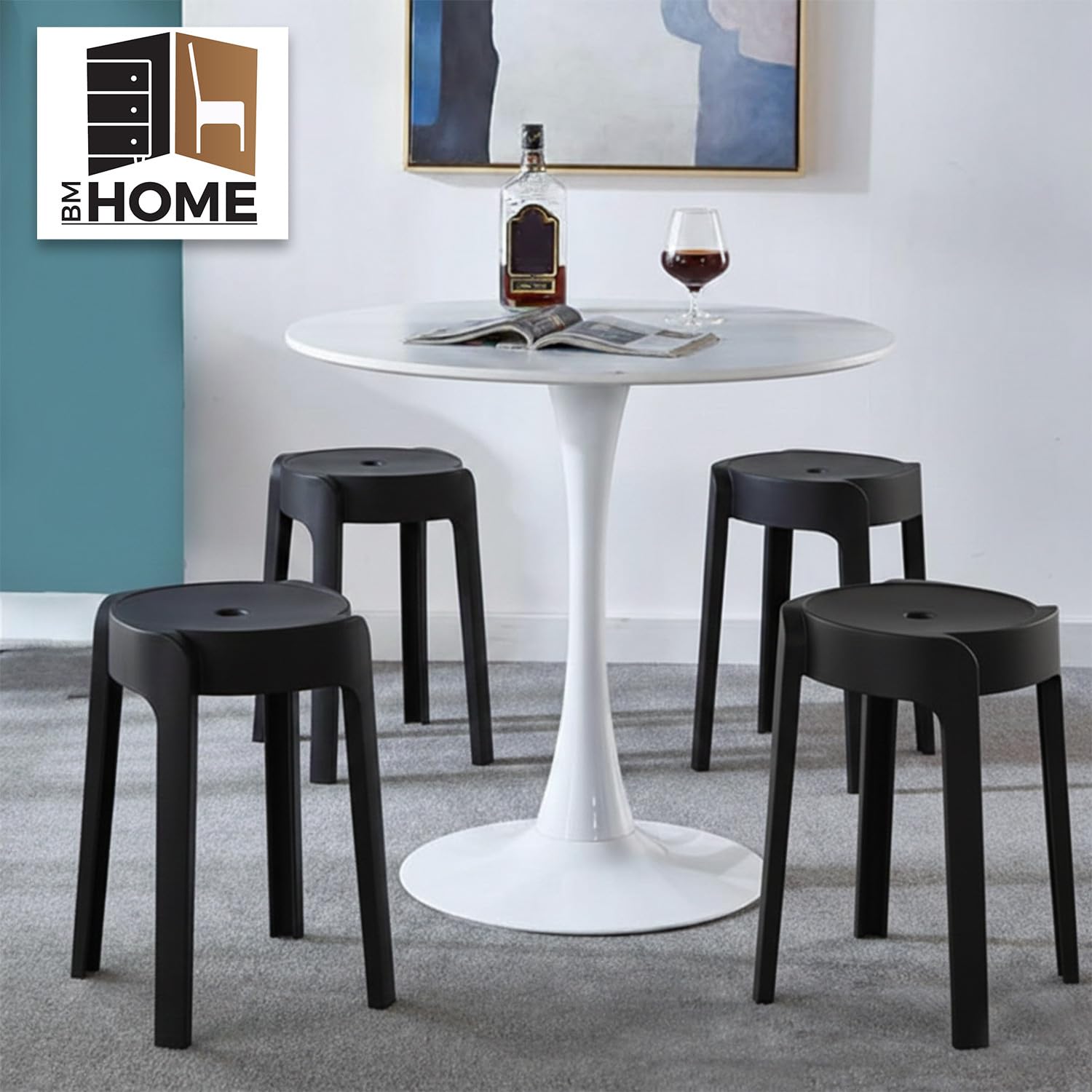 BM Home Tabourets Gigognes Empilables en Plastique Noir, Légers pour Maison Cuisine Jardin