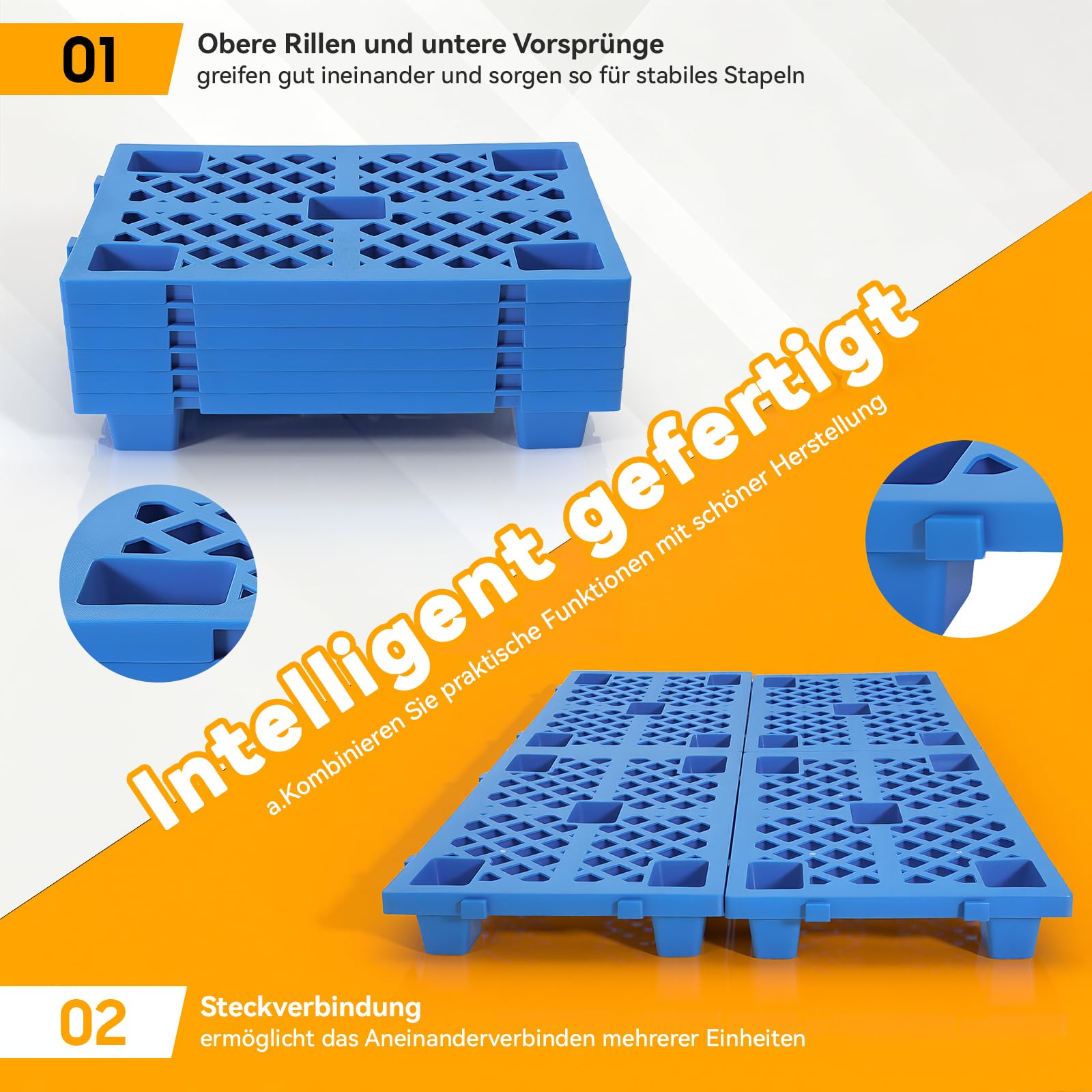 Juego de 6 paletas de plástico, 60 x 40 x 10 cm, paleta ligera con conexión | Capacidad de carga de 100 kg por palé, apilable y bloqueable, superficie antideslizante, pies para mayor estabilidad