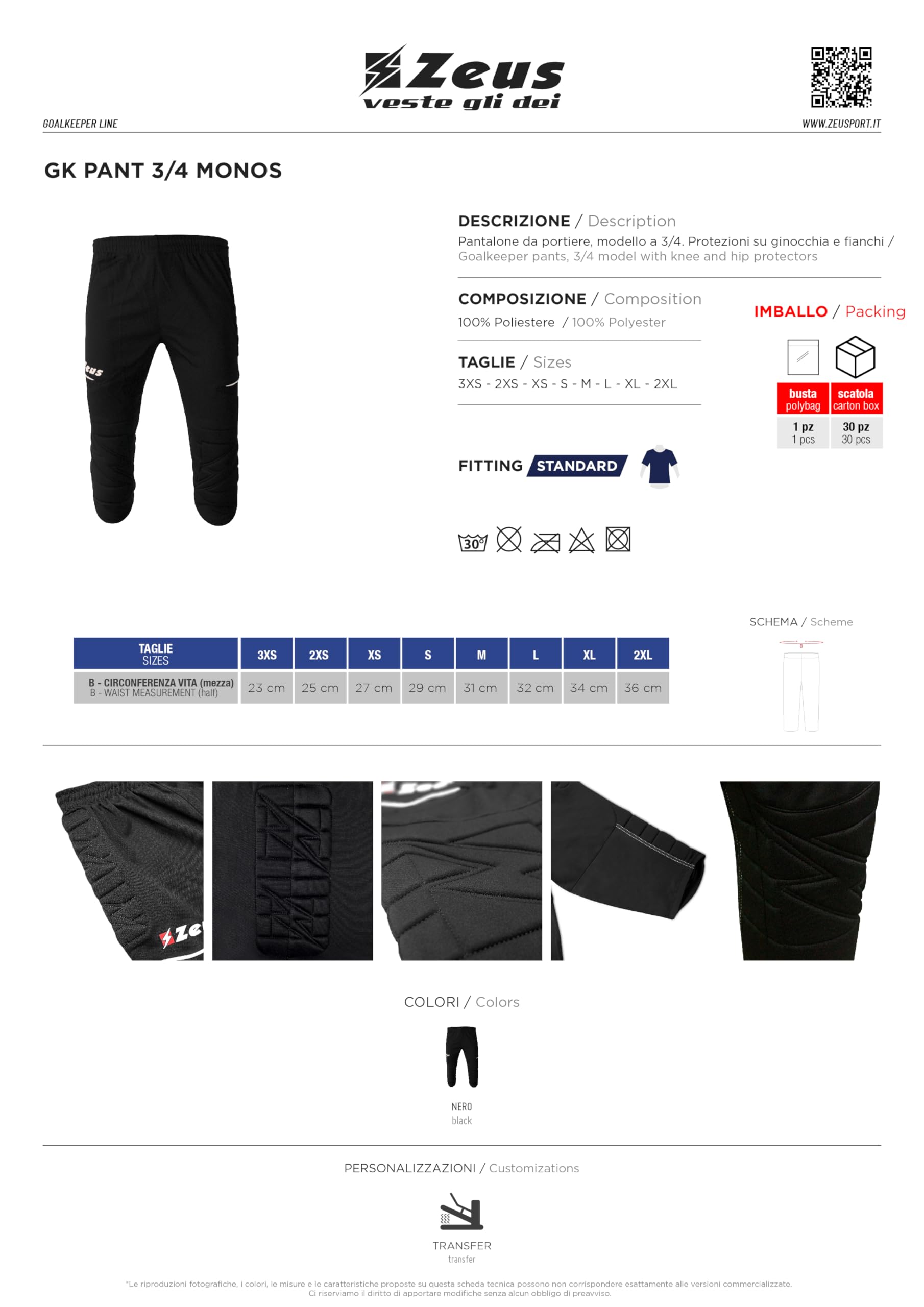 Pantalone Modello 3/4 Monos Portiere per Zeus Sport Calcio Calcetto Relax Allenamento Fitness Palestra Football Tracksuit Training Goalkeeper Imbottitura