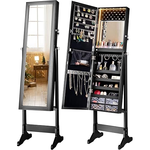 LUXFURNI LED Mirror Jewelry Cabinet Armoire, Freestanding Jewelry Storage Organizer with Full Length Mirror, Large Jewelry Storage Mirror, Built-in Lighted Mirror, Lockable, Black
