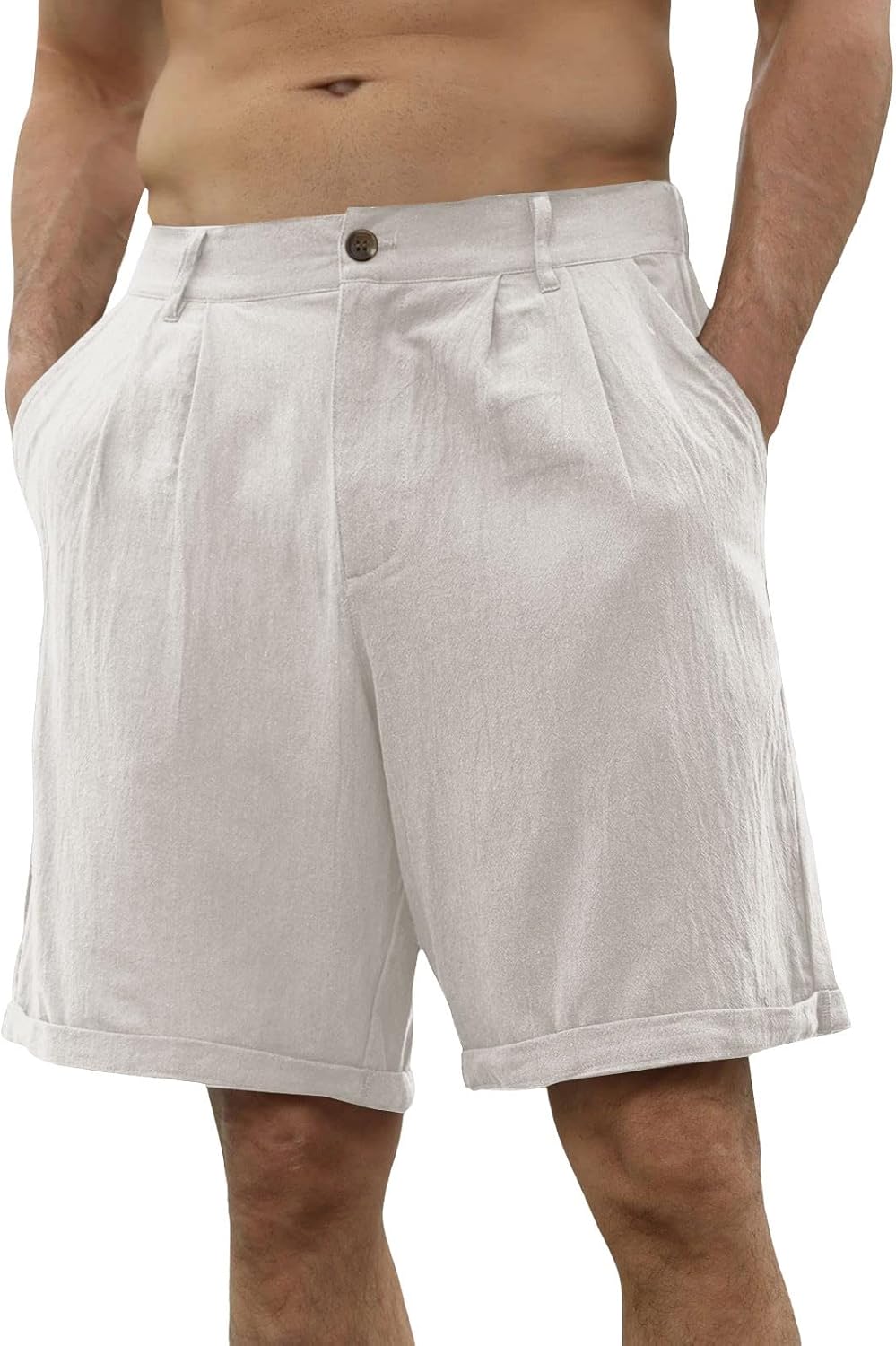 HJINGSUN Mens Linen Shorts Lightweight Breathable Comfort Summer Beach Party Pleated Shorts with Button Closure and Pockets