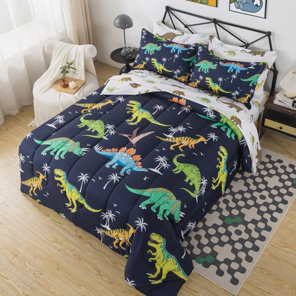 lishjekee Kids Dinosaur Comforter Full 7 Pieces Dinosaur Bedding Set Jungle Bed in A Bag for Boys T-Rex Dino Comforter and Sheets Set for Teens Girls Coco Animal Bed Sets Home Decor
