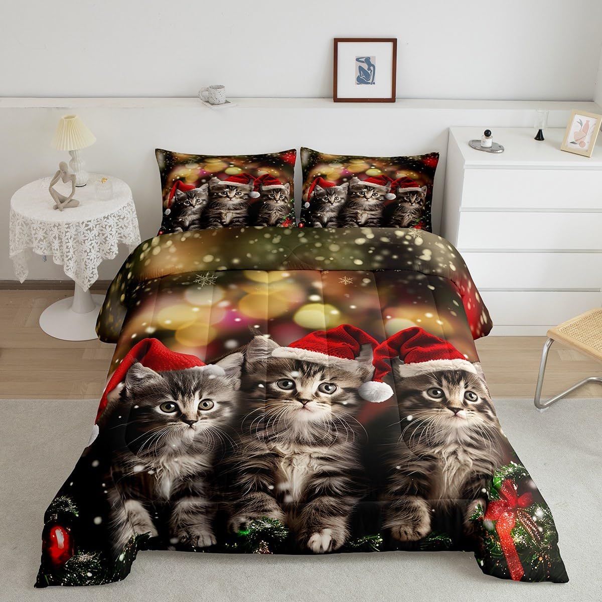 Castle Fairy Christmas Cat Comforter Set Queen Size,Cute