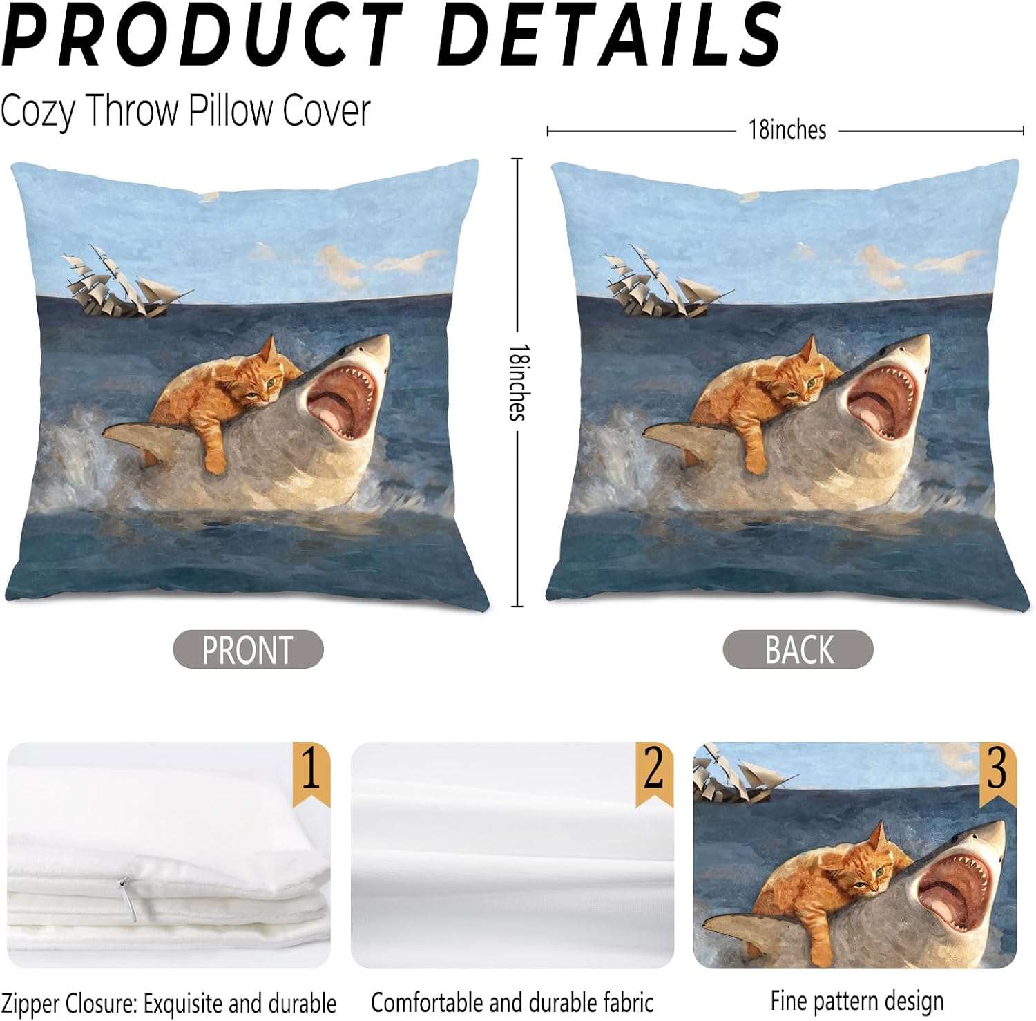 Funny Orange Cat Vs. Shark Meme Throw Pillow Covers 18x18, Humorous Gifts for Cat Shark Lovers, Funny Animal Renaissance Style Decorative Pillow Covers for Home Bedroom Living Room Office image 2
