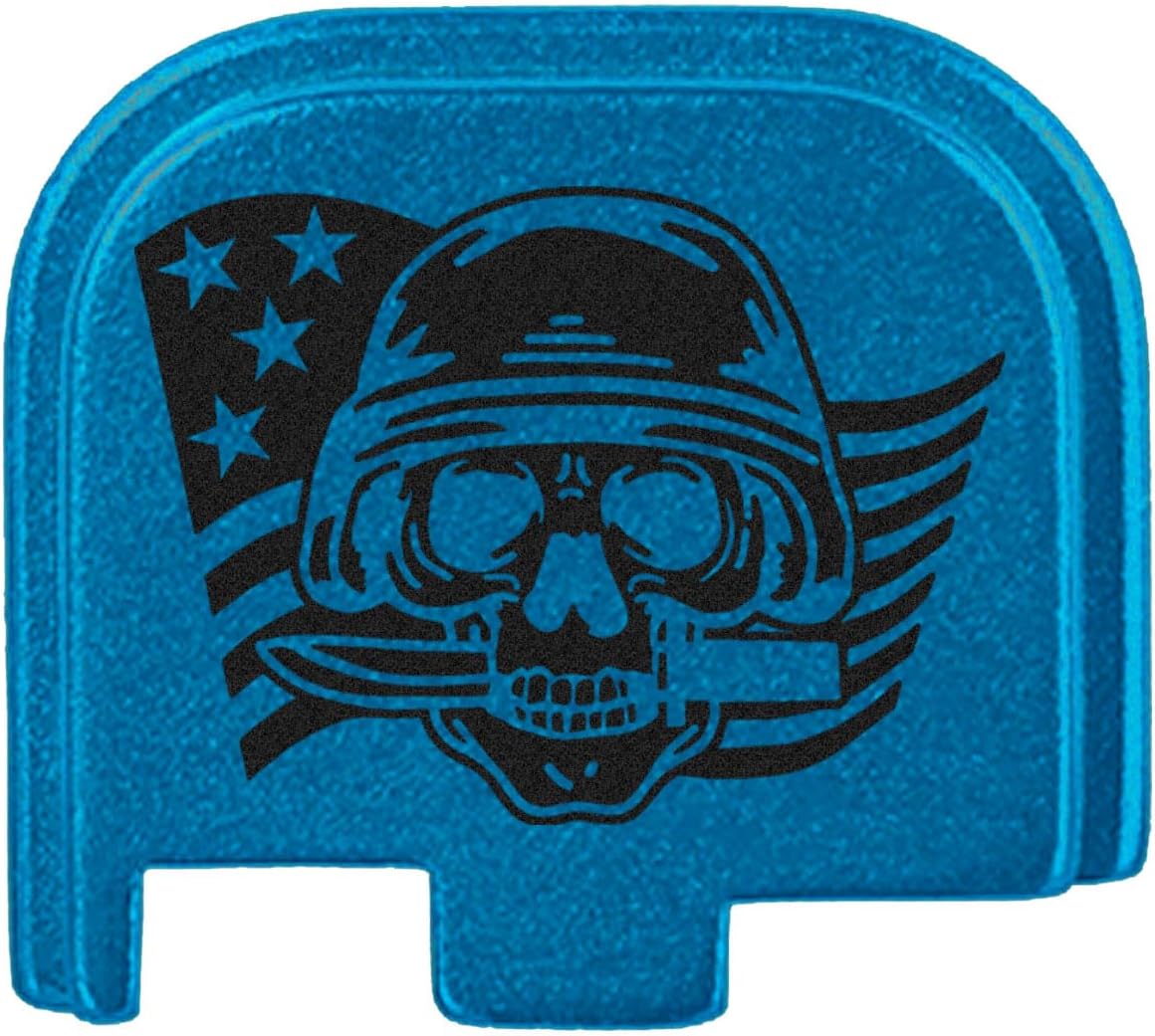 NDZ Performance Slide Cover Back Plate for Glock 43 43X 48 & PSA Dagger Micro – Aluminum Upgrade with Black Engraving – Skull Helmet Knife Flag – Blue