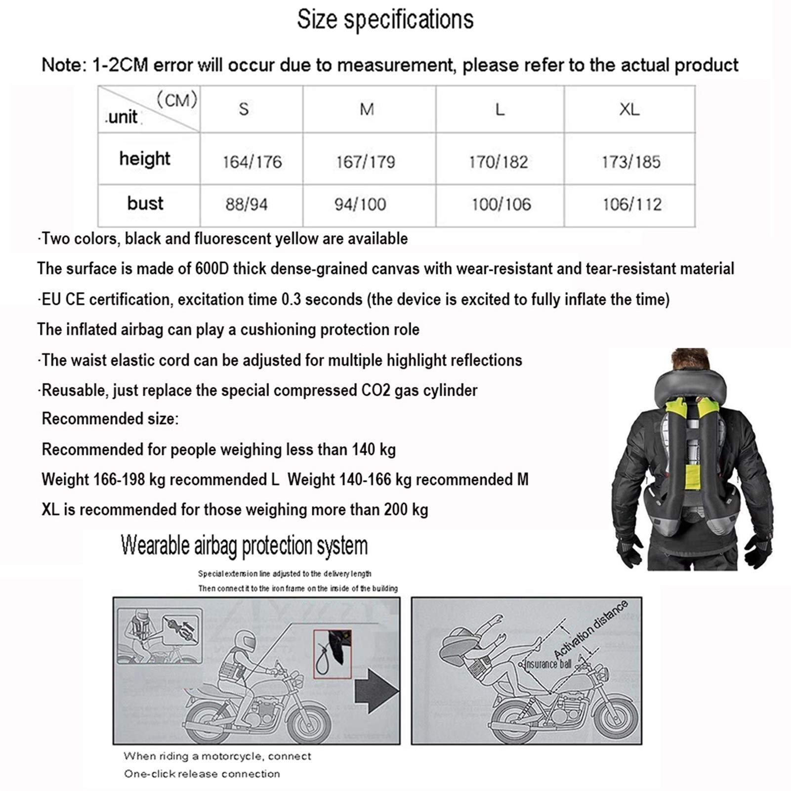 Multifunktionale AirbagWeste zum Radfahren, AirbagWeste löst den Airbag in 0,3 Sekunden aus, empfindlich und präzise, wiederverwendbar, die Oberfläche kann gereinigt werden (2 Farben, nicht mit
