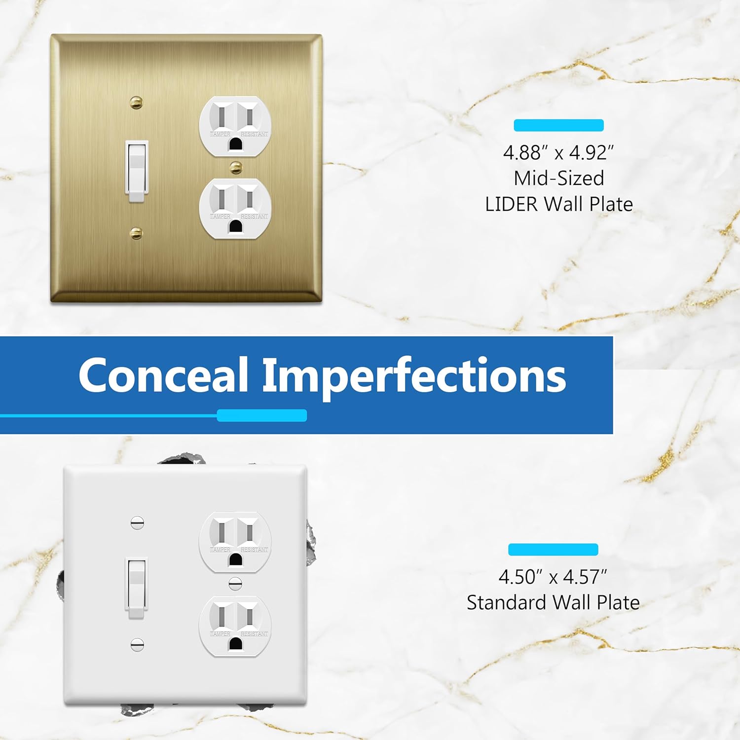 LIDER Combination Toggle Switch and Duplex Receptacle Metal Wall Plate, Corrosion Resistant, Mid-Size 2-Gang 4.88" x 4.92", Stainless Steel, LMWP-1121M-BB, Brushed Brass