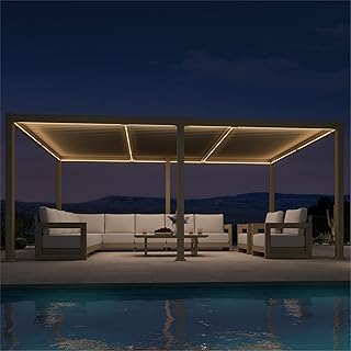 PURPLE LEAF Pergola 3,5 x 5,5 m mit LED-Lichtleiste Gartenpavillon Lamellenpergola Terrassenüberdachung Wasserdicht Stabil Winterfest Verstellbare Alu-Lamellen mit duales Ladesystem, Champagner