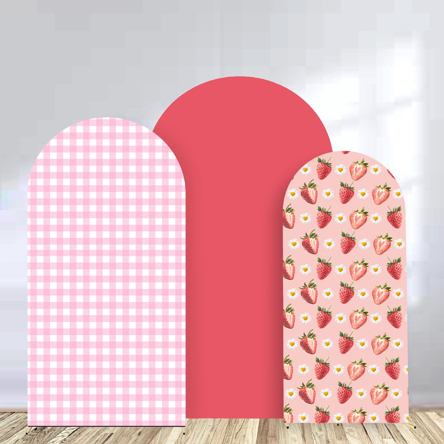 Strawberry Arch Backdrop Covers Sweet Berry Arch Covers Spandex Backdrop Pink Grid Birthday Baby Shower Wedding Chiara Party Decoration (6FT,6.6FT,