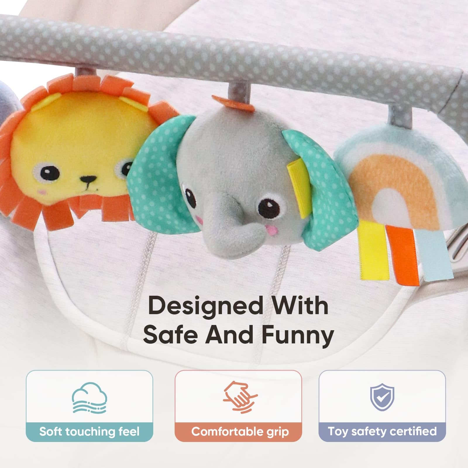 TinlyFinly Baby Bouncer Toy Bar Soft with 4 Hanging Sensory Toys Attachment, Compatible with Baby Bjorn Bouncer, with Mirror, Rattle, Crinkle Sound for Babies All Ages (Colorful Animals) - 5