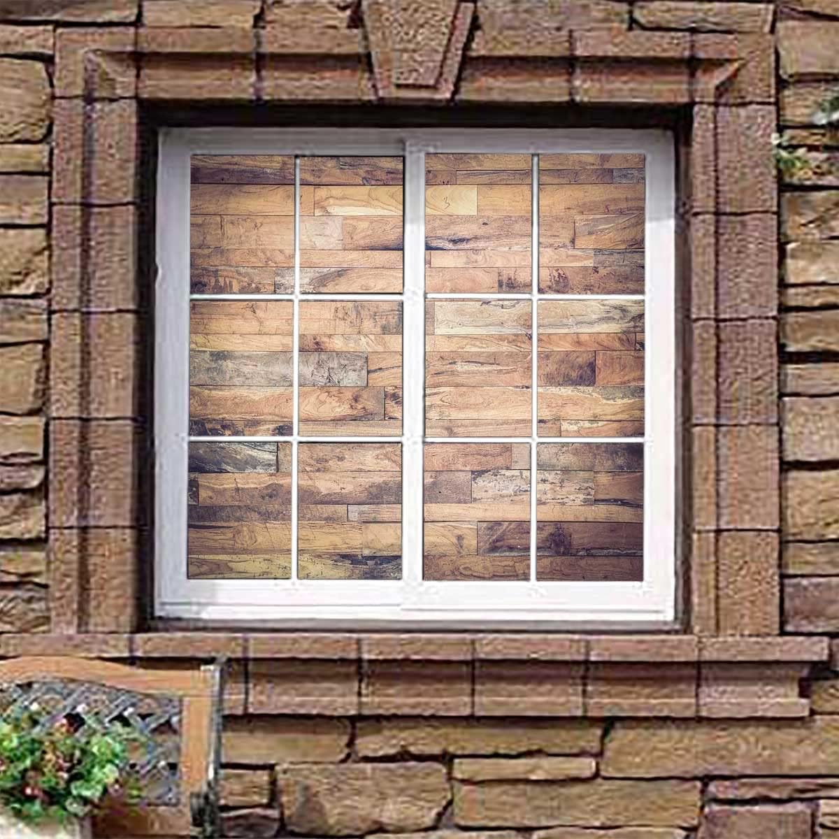 Privacy Window Film Earthy Toned Planks Self-Adhesive Privacy Glass Window Film