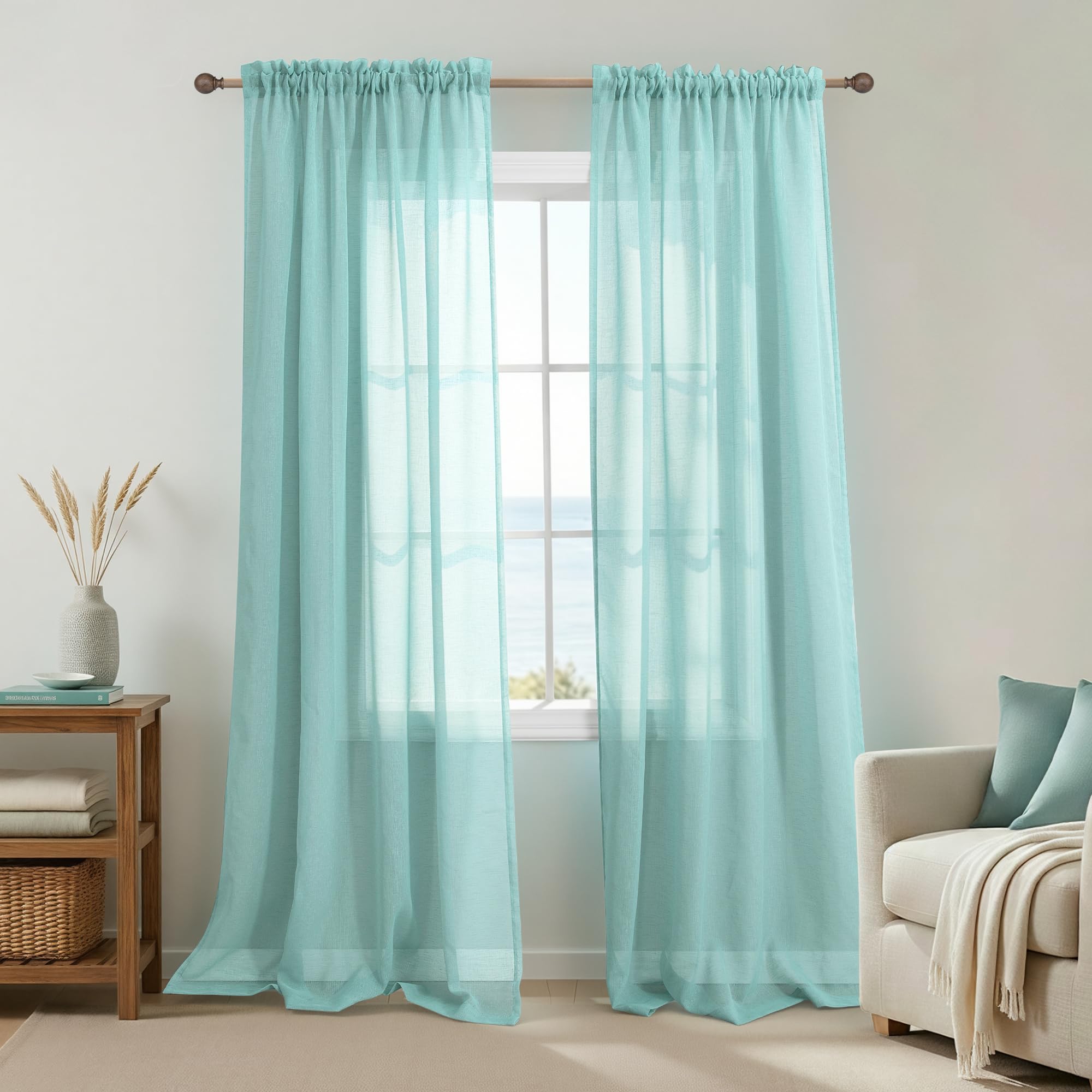 KOUFALL Seafoam Green Curtains for Living Room 84 Inch Length 2 Panel Set Faux Linen Semi Sheer Mint Green Drapes for Living Room Beach Themed Decor,Light Blue Green Aqua Colored