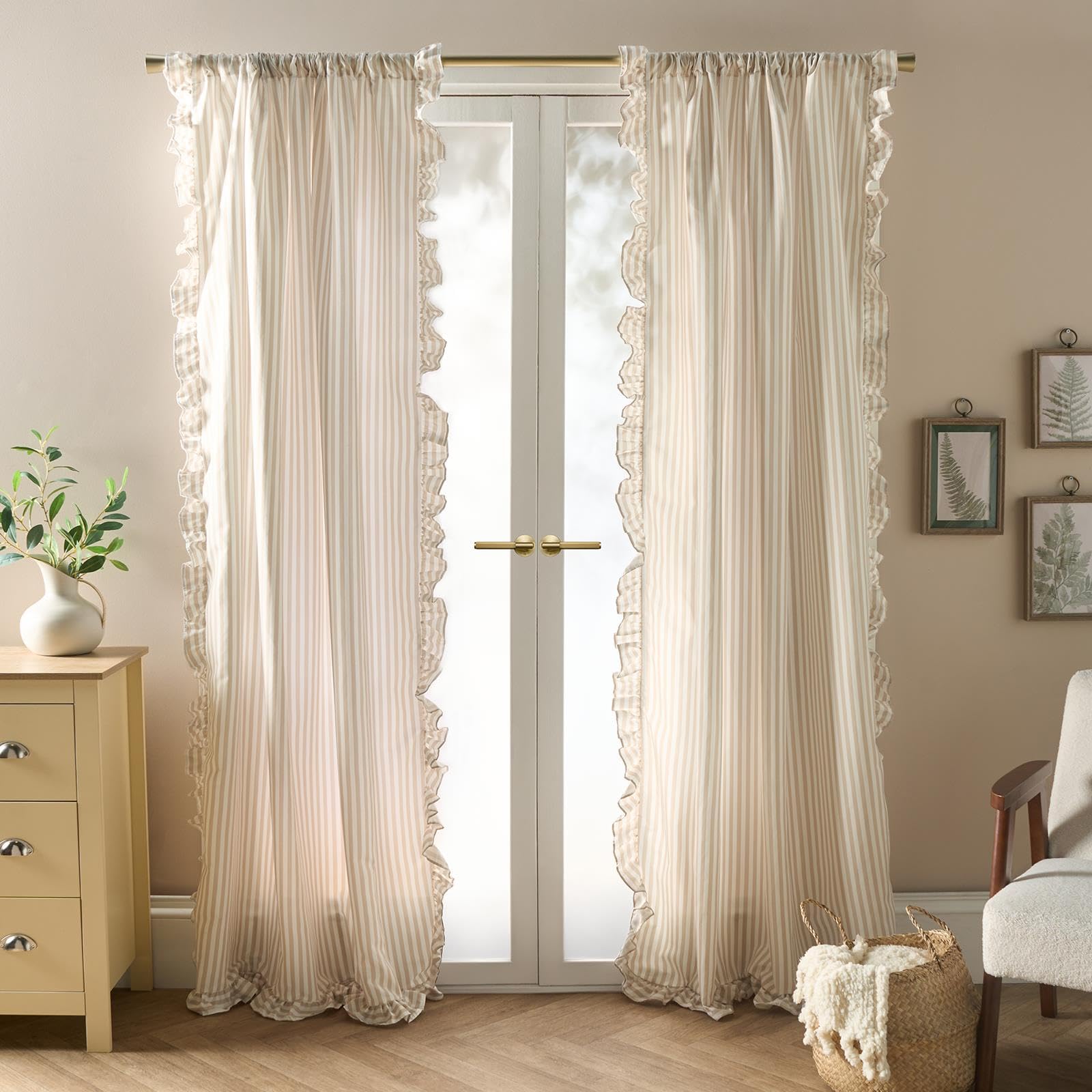 Ohs Natural/Cream Voile Curtains, 87 Drop 2 Panels Net Curtain For Windows Decorative Stripe Frill Edge Slot Top Design Sheer Curtains For Living Room Bedroom 55" X 87",