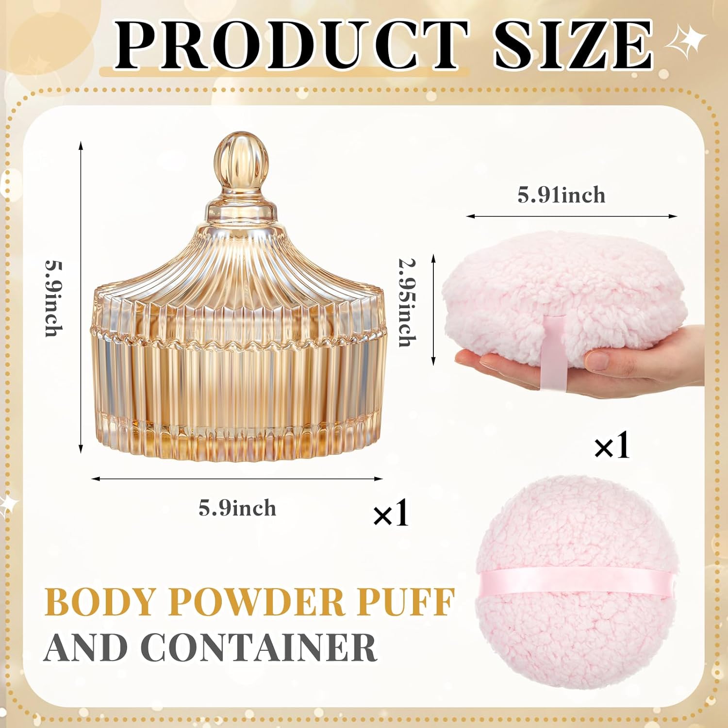 Tioncy 2 Pcs Extra Large Dusting Powder Puff and Container for Women-6'' Glass Crystal Dusting Powder Container with Body Soft Washable Reusable Velour Face(Clear,Classic)(Amber,Classic) - Image 3