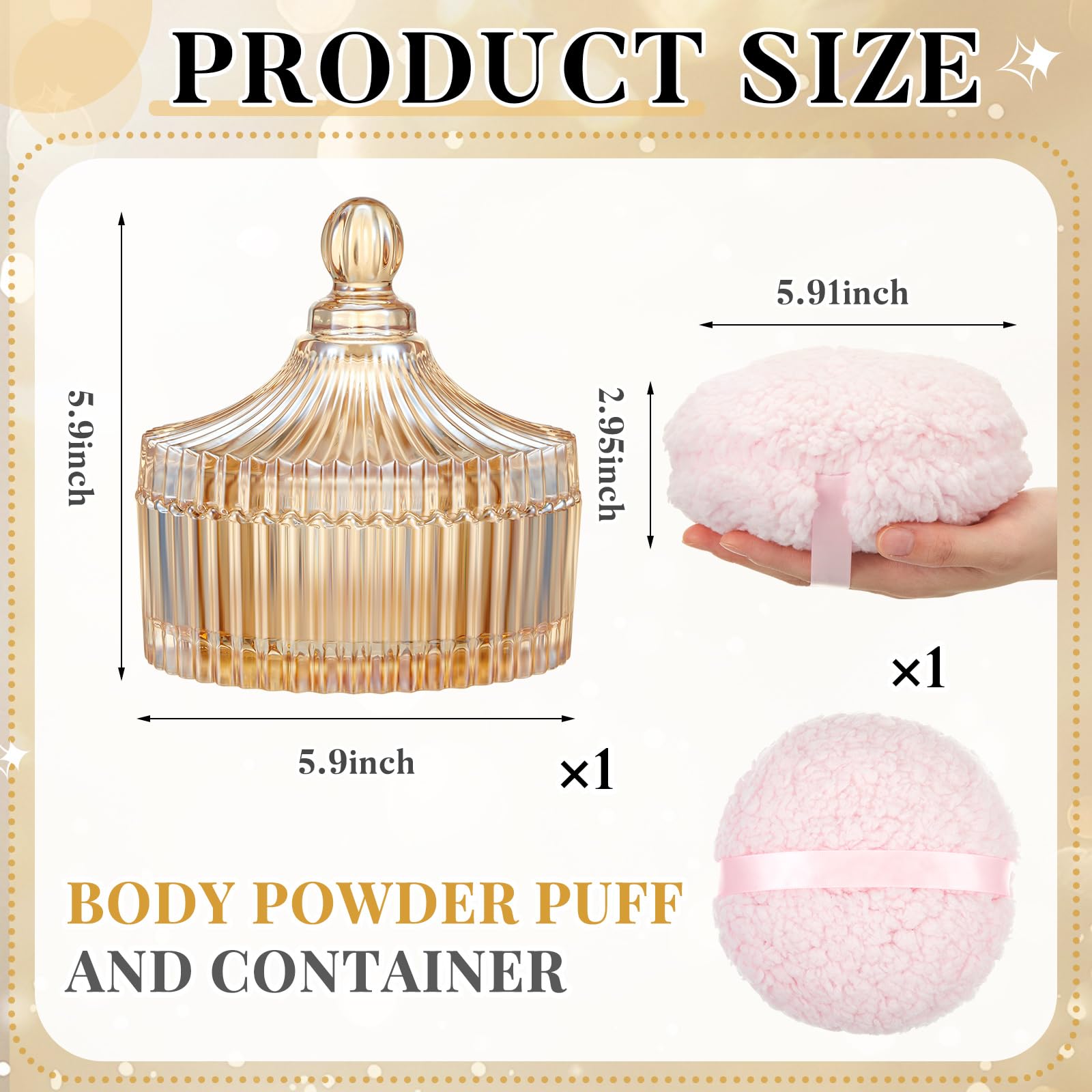 2 spugnette per cipria viso extra large con contenitore per donne, barattolo in cristallo di vetro da 14 cm (corpo da 15 cm), morbido, lavabile e riutilizzabile (ambra)