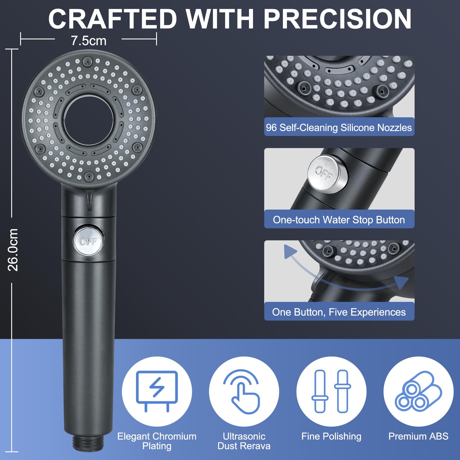 Pommeau de Douche avec Filtre, Pommeau Douche Haute Pression Economie Deau, Anti Calcaire Douchette Salle de Bain avec Tuyau 2M, Shower Head avec 5 Modes de Jet pour l'eau Dure