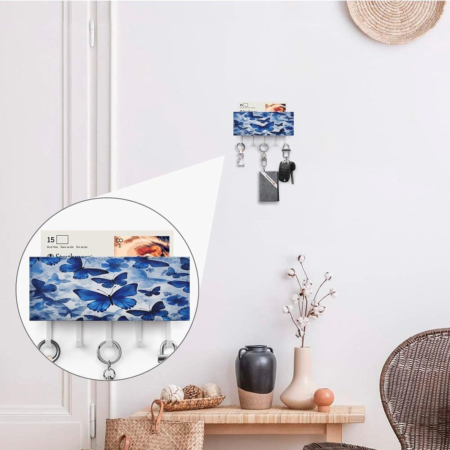 PU Leather Key Holder Wall Mount Key Organizer, Decorative Adhesive Key Rack with 5 Key Hooks, Fashion Blue Butterflies Key Hanger Decor for Entryway Door Bathroom Kitchen Hallway