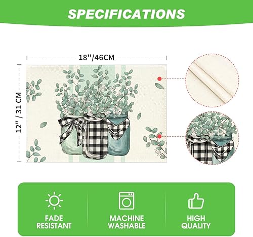 Miniatura 7 de Artoid Mode Juego de 4 manteles individuales de primavera a cuadros de eucalipto de búfalo de 12 x 18 pulgadas para decoración de fiestas, cocina,