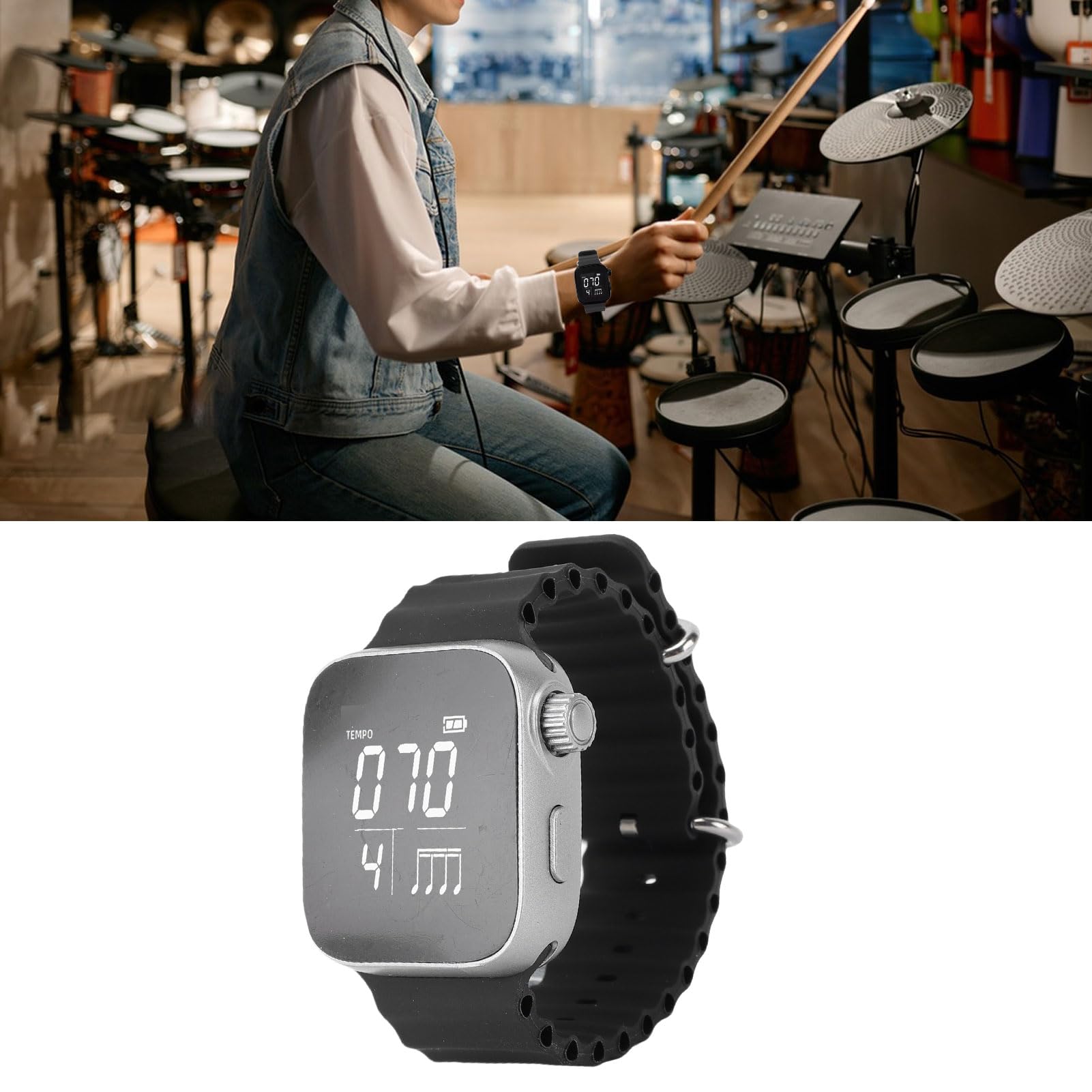 Bewinner Reloj con Metrónomo Vibratorio para Músicos y Entusiastas del Fitness, Entrenador de Ritmo Portátil con Ajustable 40-240 BPM, Modo Deportivo, Pantalla LCD, Recargable por USB (BLACK)
