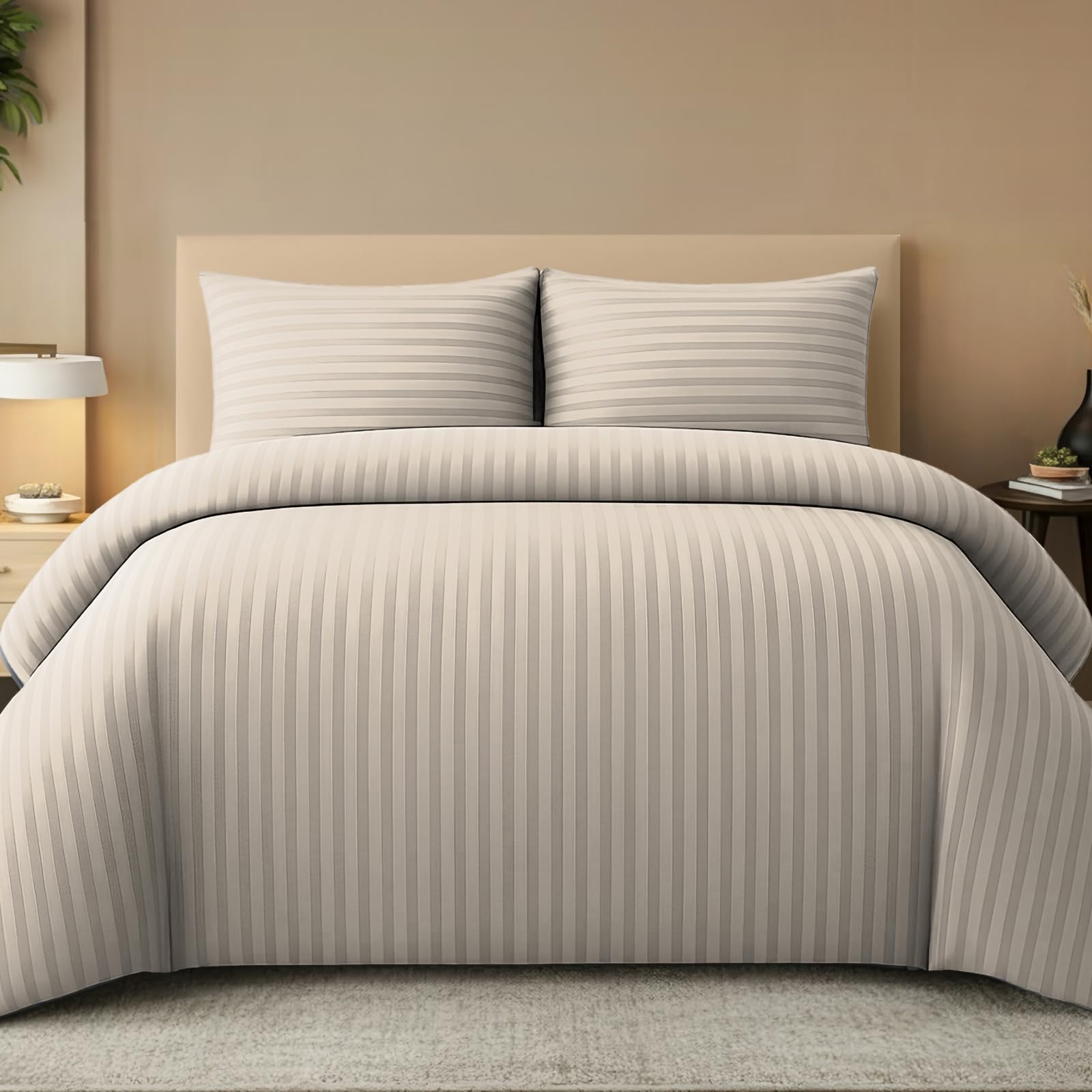 Pamposh Set copripiumino king size a righe satinate, qualità alberghiera, biancheria da letto ipoallergenica ultra morbida in microfibra