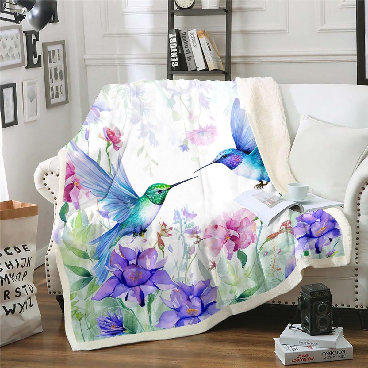 Hummingbird Girls Plush Blanket Throw Butterfly Flower Birds Fleece Bed Blanket Wild Animals Sherpa Blanket Floral Plants Fresh Nature Fuzzy Blanket