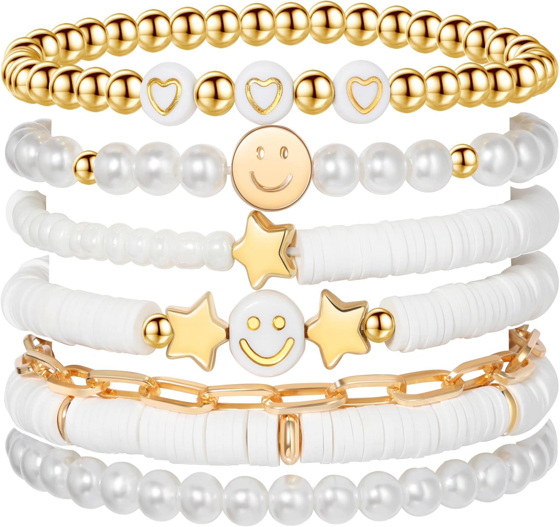 Preppy Bracelets Set Colorful White Gold Smile Heart Star Polymer Beaded Pearl Clay Stackable Charm Y2K Kidcore Aesthetic Summer Beach Bohemian Stretch Layering Bracelets Jewelry for Girls Women Teens