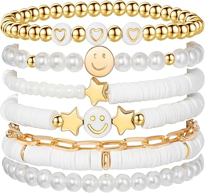 Preppy Bracelets Set Colorful White Gold Smile Heart Star Polymer Beaded Pearl Clay Stackable Charm Y2K Kidcore Aesthetic Summer Beach Bohemian Stretch Layering Bracelets Jewelry for Girls Women Teens