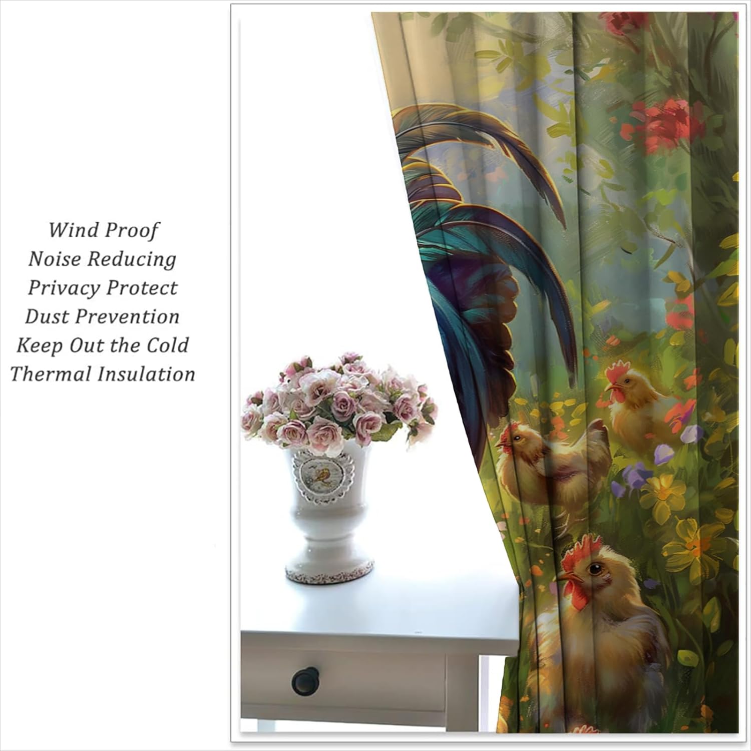Chicken Blackout Curtains for Boys Girl Bedroom Home Decor, Rooster Farm Animals Floral Cute Chick Thermal Insulated Rod Pocket Darkening Living Room Window Drapes, 55 x 63 inch