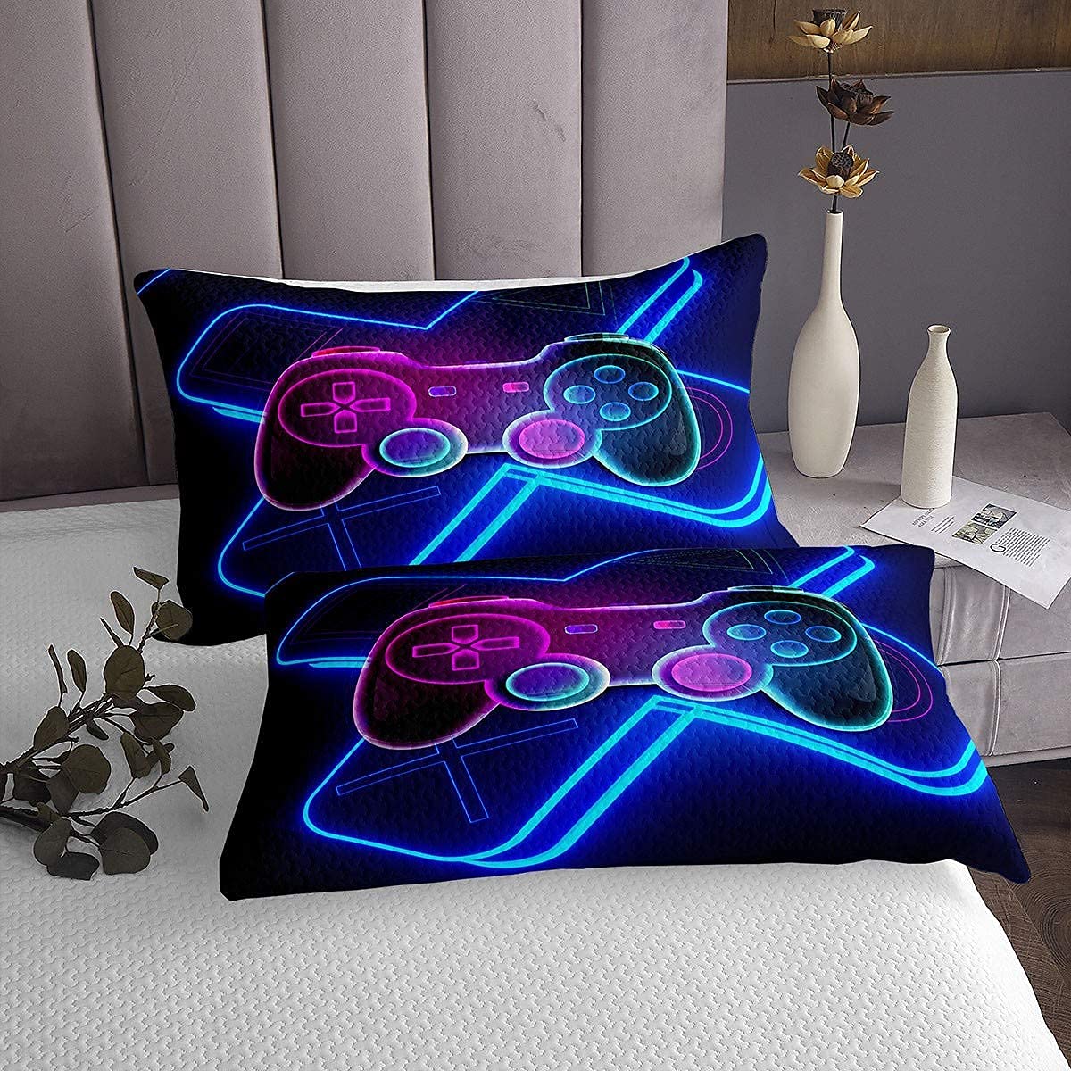 Tbrand Gamepad Bettüberwurf Teenager Gamer Steppdecke für Jungen Videospiel Deko Tagesdecke 170 x 210 cm Bunt Modern Game Controller 2 Stück Reißverschluss