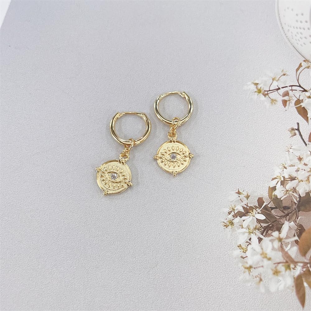 Vintage Evil Eye CZ 18k Gold Huggie Hoop Dangle Drop Earrings Fashion Dainty Sterling Silver Post Round Disc Charm Huggie Hoops Hypoallergenic Trendy Jewelry - Image 2