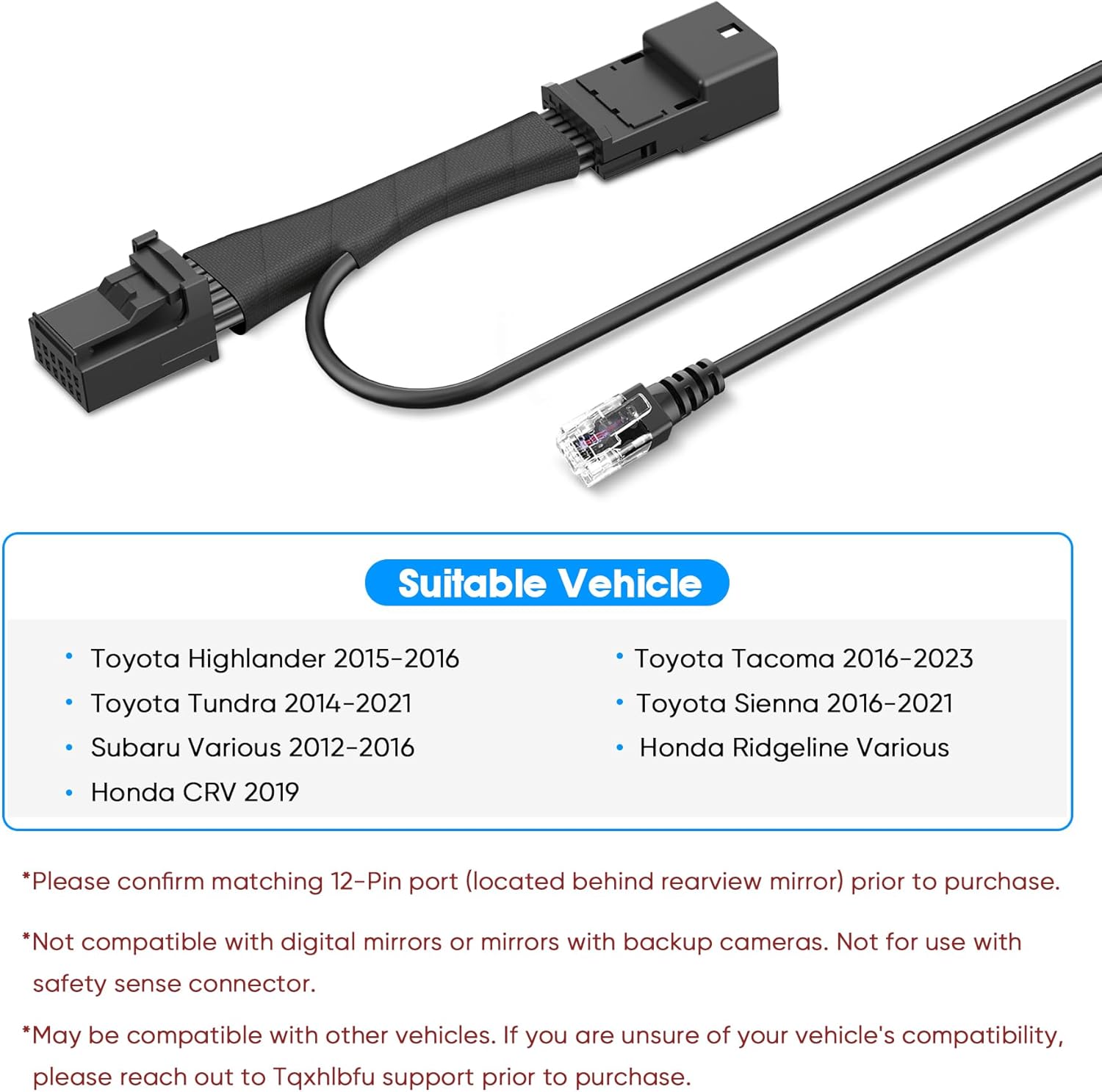 Radar Detector Power Adapter RJ11 Plug (12P Type A) Compatible with Toyota Tacoma15-23,Highlander15-16,Tundra14-21,Sienna,Honda Ridgeline,with Auto-dimming Rearview Mirror,Clean Install