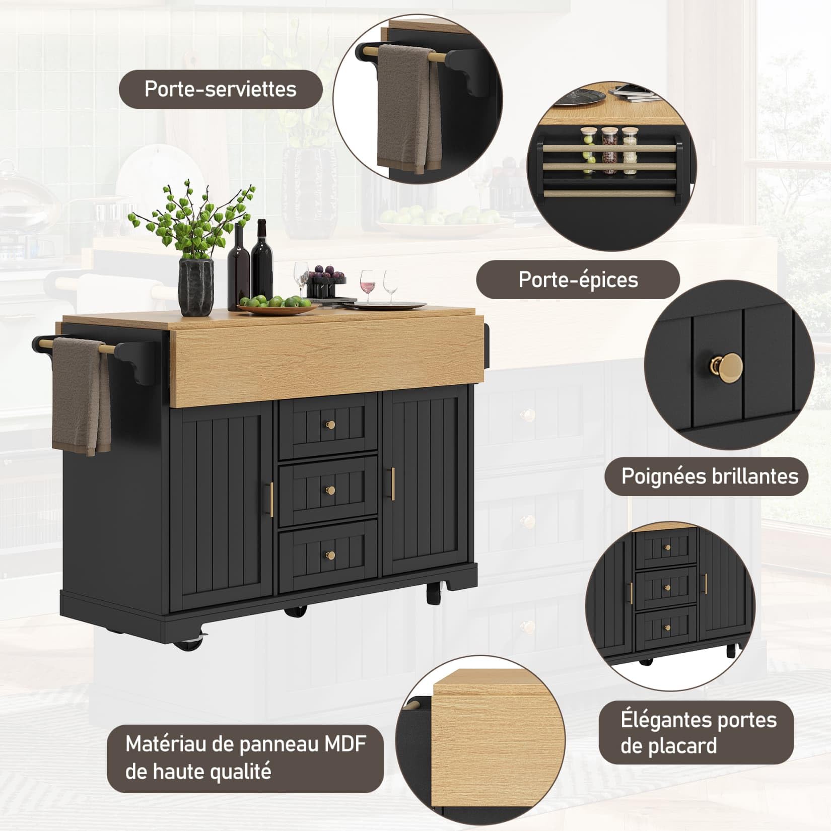Desserte ilôt de Cuisine avec roulettes,Buffet Cuisine de Rangement avec Plateau de Table Pliable,Chariot de Repas,Buffet Mobile,3 Tiroirs et 2 Portes,142.5x40-80x95cm (Noir-E)