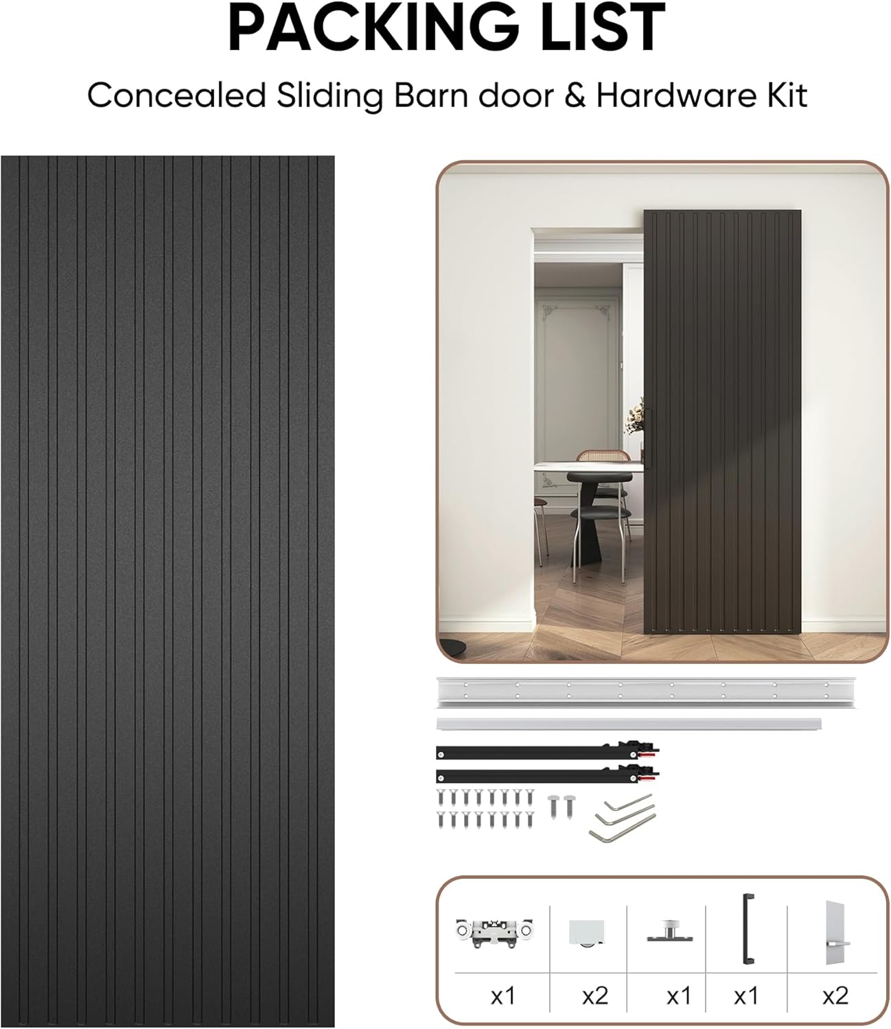 JUBEST 32"x86" Concealed Sliding Barn Door with Soft Close Hardware Kit, Black Hidden Door for Opening 24"-28"x84", Waterproof and Modern, Smooth Sliding, for Interior Using, Widely Used