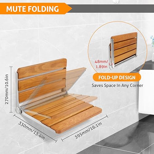 Miniatura 5 de WICHEMI Asiento de ducha plegable de teca, asiento de ducha plegable para montaje en pared, carga máxima de 440 libras, asiento de ducha plegable,