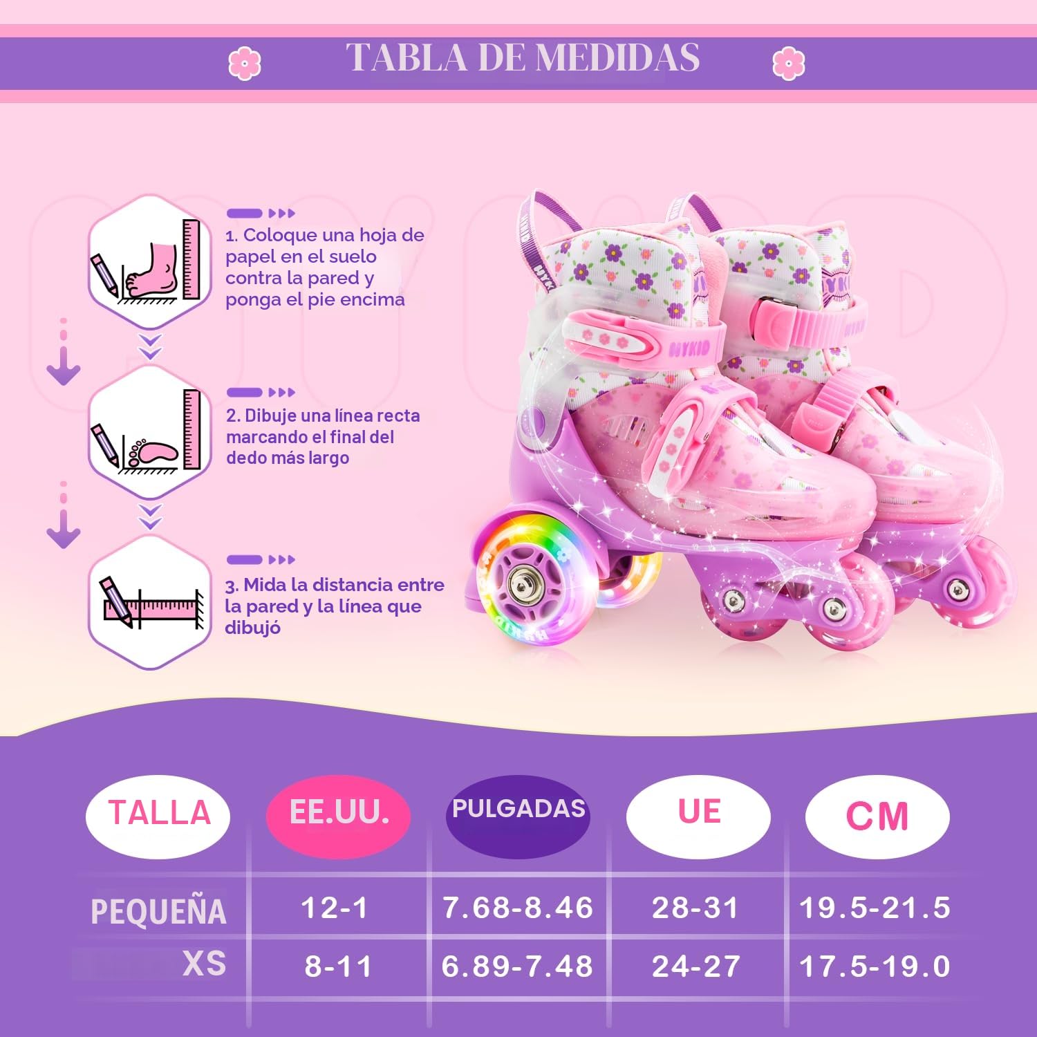 Patines 4 Ruedas Niña, 4 Tallas Ajustables 3-8 Años, Unicornios para Niñas Construcción de 3 Puntos Estable y Segura,Patines para Niños Principiantes Patinete