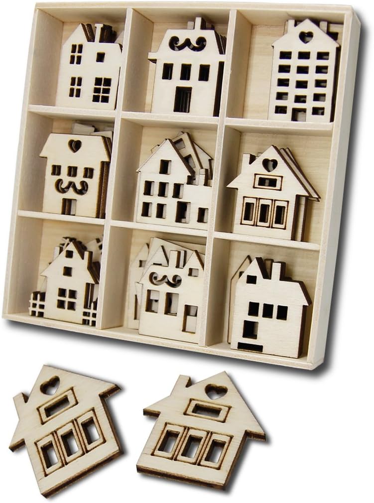 YuQi27pcs Unfinished Wood Embellishment for DIY Craft Project Home Ornaments with Storage Tray,Wood House Shaped Hanging Decorations for Christmas Tree