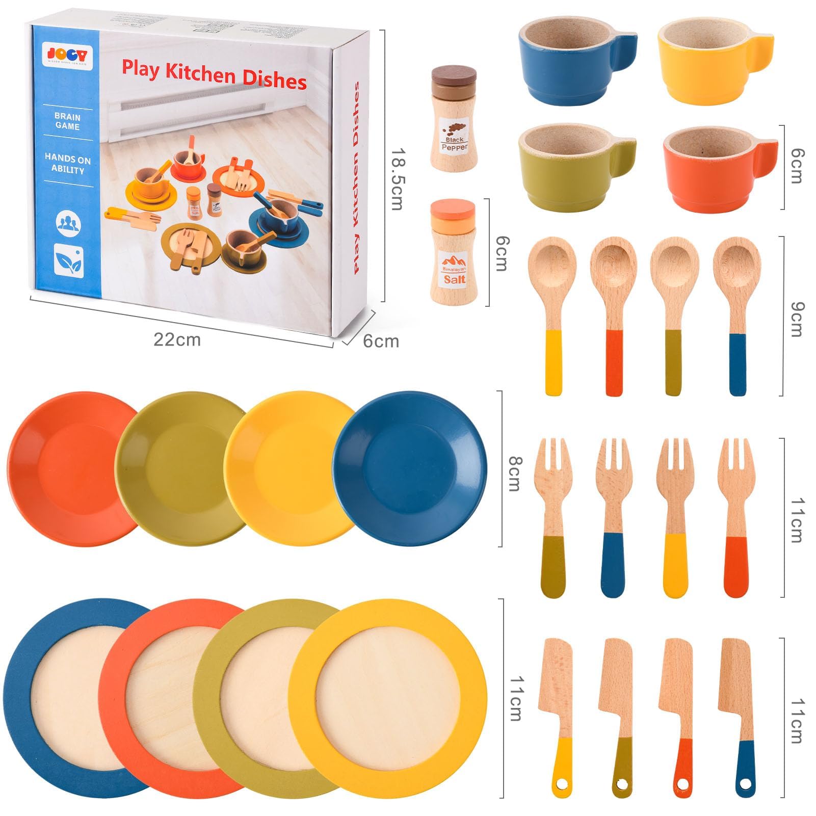 Atoylink Kinderküche Zubehör Holz Geschirr, 26Pcs Puppengeschirr Teller und Küchenutensilien Geschirrset Spielküche Küchenzubehör Kinder Holzspielzeug Geschenk für Mädchen Jungen 3 4 5 6 7 8 Jahre