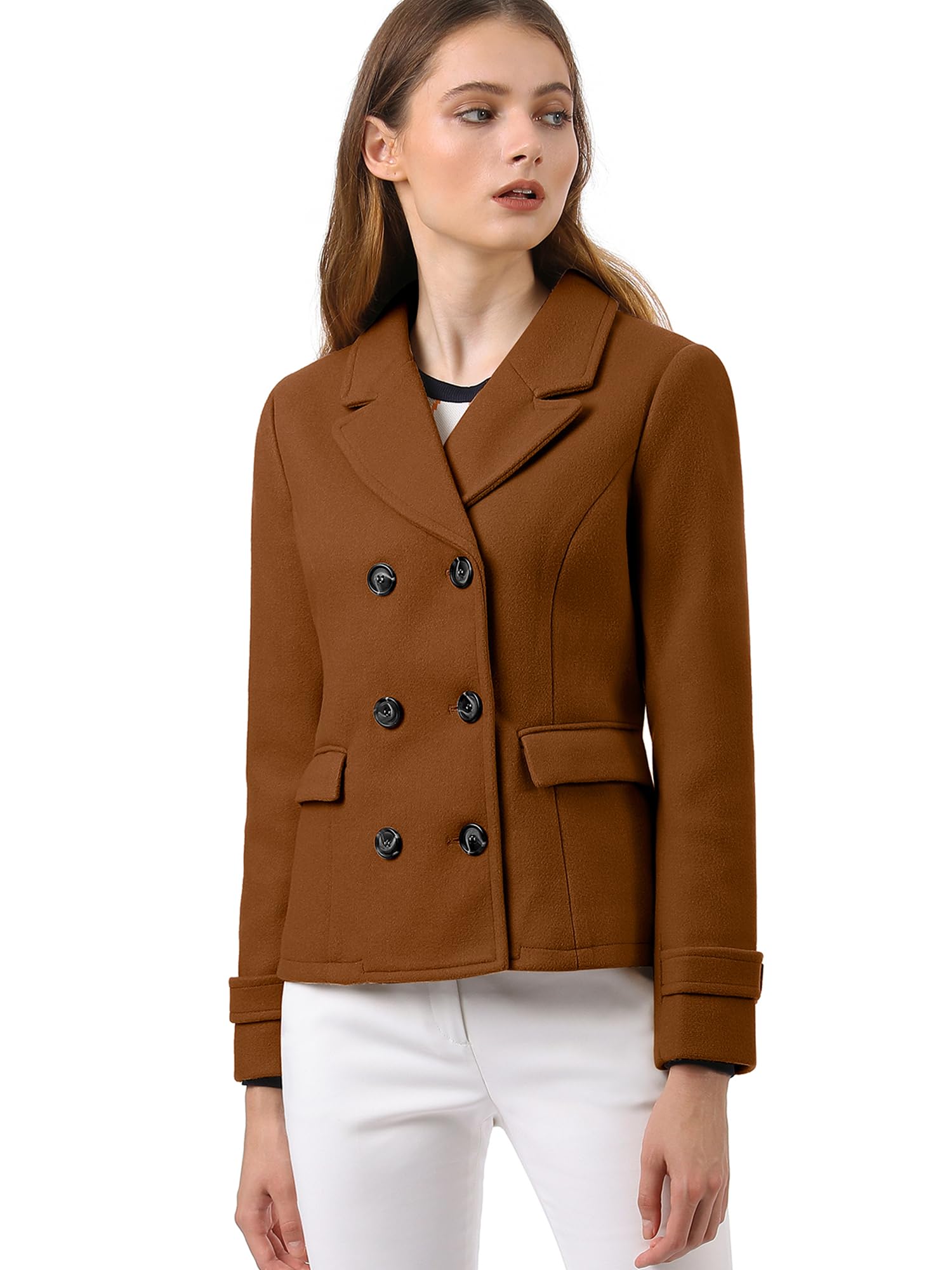 allegra k Women's Notched Lapel Double Breasted Pea Coat-picture-36