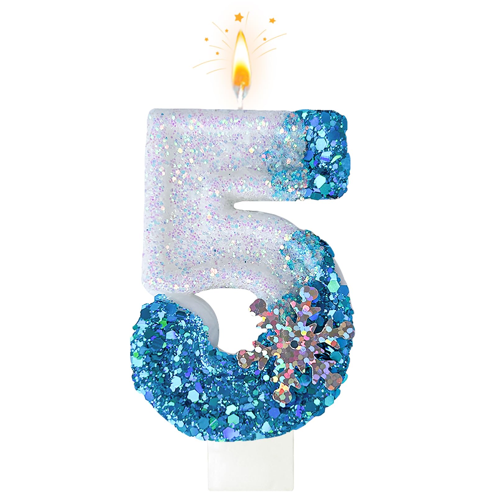 laackys White and Blue ice Birthday Candles 0-9, Snowflake Glitter Number Candle Cake Decorations for Children Adult Birthday Wedding Anniversary Party Supplies (5)