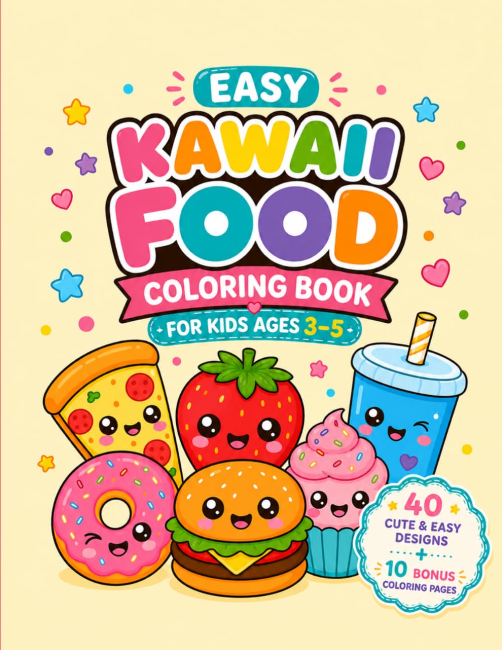 Easy Kawaii Food Coloring Book for Kids Ages 3–5: Cute and Simple Big Bold Designs | Fun and Easy Food Coloring Pages for Toddlers and Preschoolers