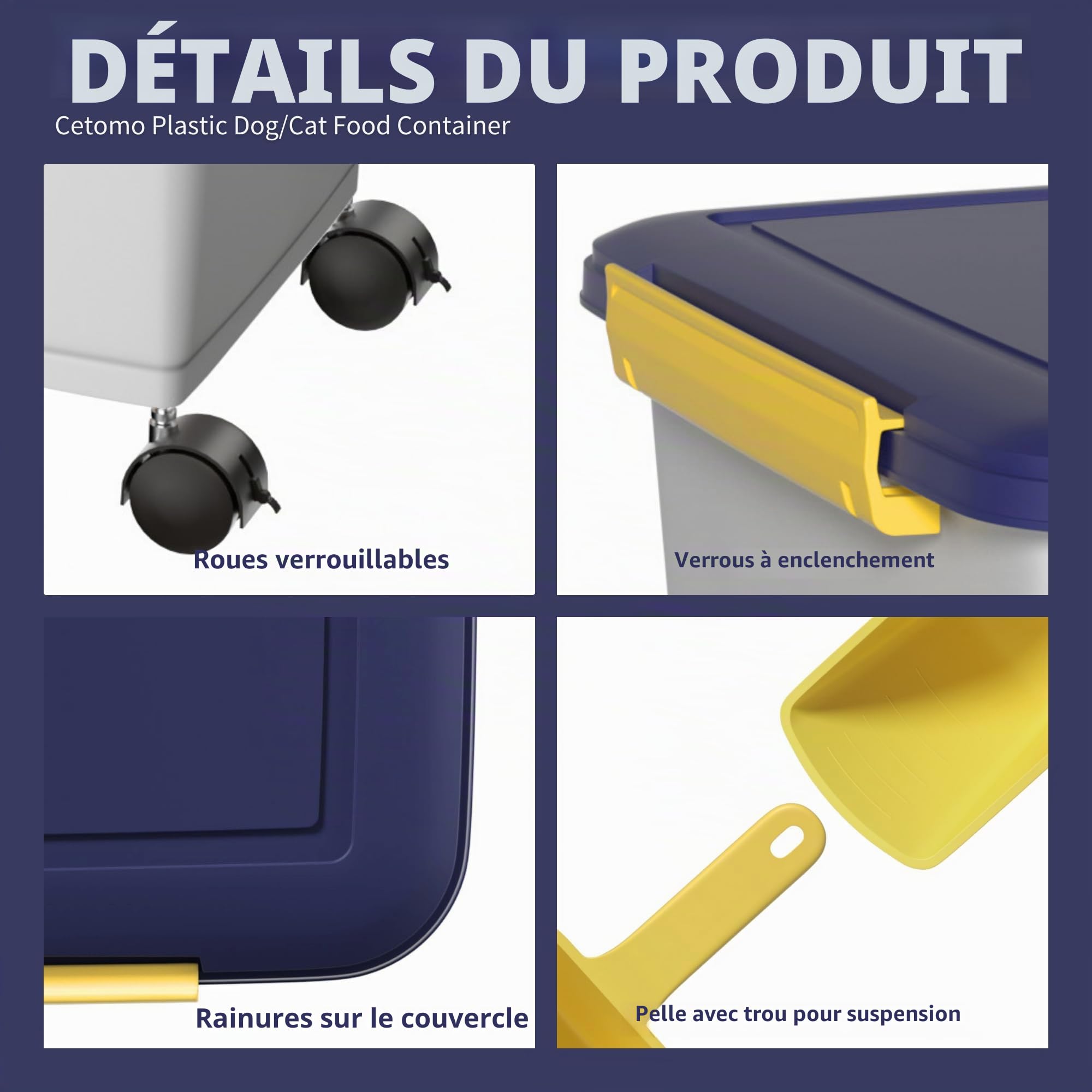 Cetomo Récipient de rangement pour nourriture canine, conteneur hermétique avec roues et joint en silicone, bac de rangement en plastique pour chien, blanc & bleu & jaune, 10L+32L/3.5kg+12kg (1 pelle)