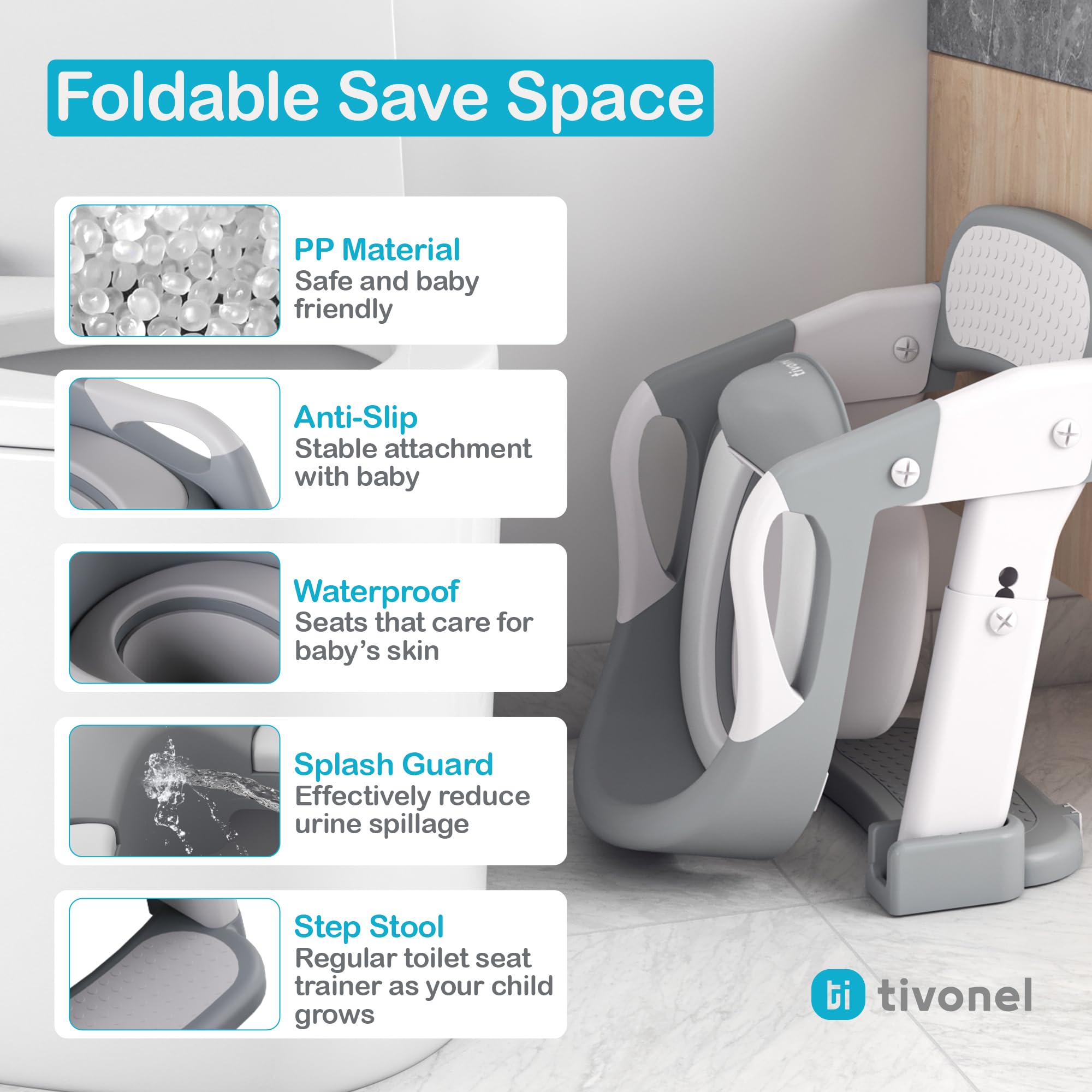 Asiento de inodoro 3 en 1 para niños pequeños con protector contra salpicaduras, almohadilla antideslizante y taburete para niños y niñas (gris)