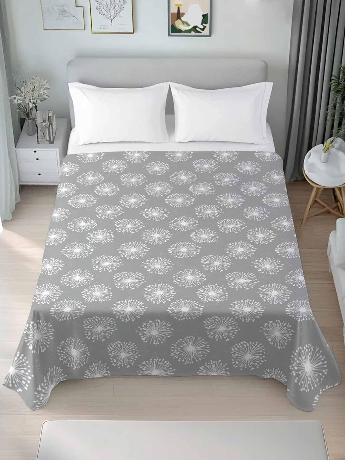 Top Sheet King Bedding Flat Sheet Only, Spring Fields Dandelion on Gray Microfiber Bed Sheets Soft Breathable Bedding Flat Sheets, Country Botantical Hotel Luxury Top Sheets