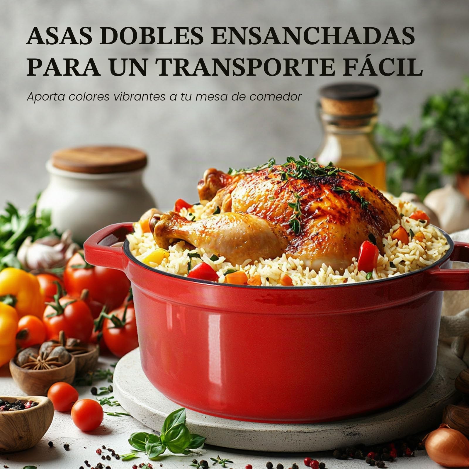 Overmont Horno holandés de hierro fundido esmaltado, olla de 5 cuartos con tapa, libro de cocina y agarraderas de algodón, utensilios de cocina resistentes para estofar, guisos, asar, hornear pan,Rojo