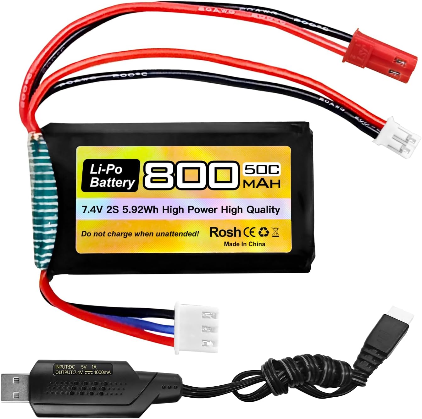 sea jump 7.4V LiPo 2S 50C 800mAh with JST and PH2.0 Plug with USB Charging Cable for SCX24 RC Car Battery, Bompatible with Most 1/10, 1/16, 1/18, 1/24 Scale RC car, Truck and RC Drone Batteries